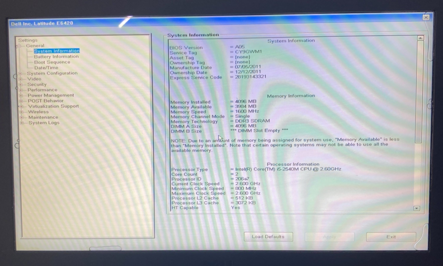 DELL LATITUDE E6420 ATG Intel Core i5-2540M 2.60GHZ 4GB No HD Boot to BIOS
