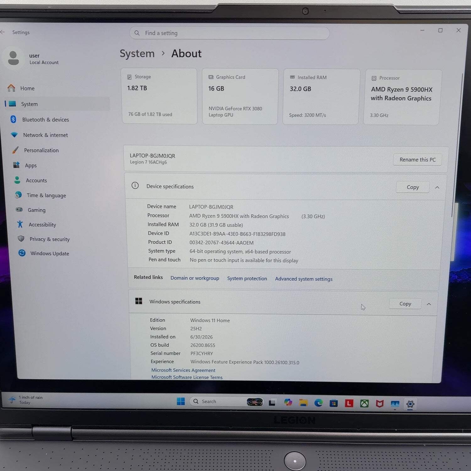 Lenovo Legion 7 16achg6 16″ Ryzen 9 5900HX 3.3GHz 32GB RAM 2TB SSD RTX 3080