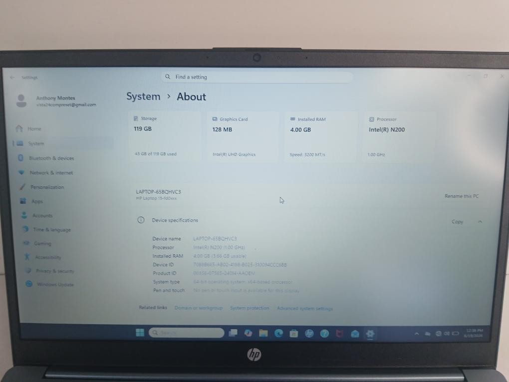 HP 15-fd0xxx WINDOWS 11 HOME, 4GB RAM, INTEL N200, 1.00GHZ, 119GB ST (P24035790)