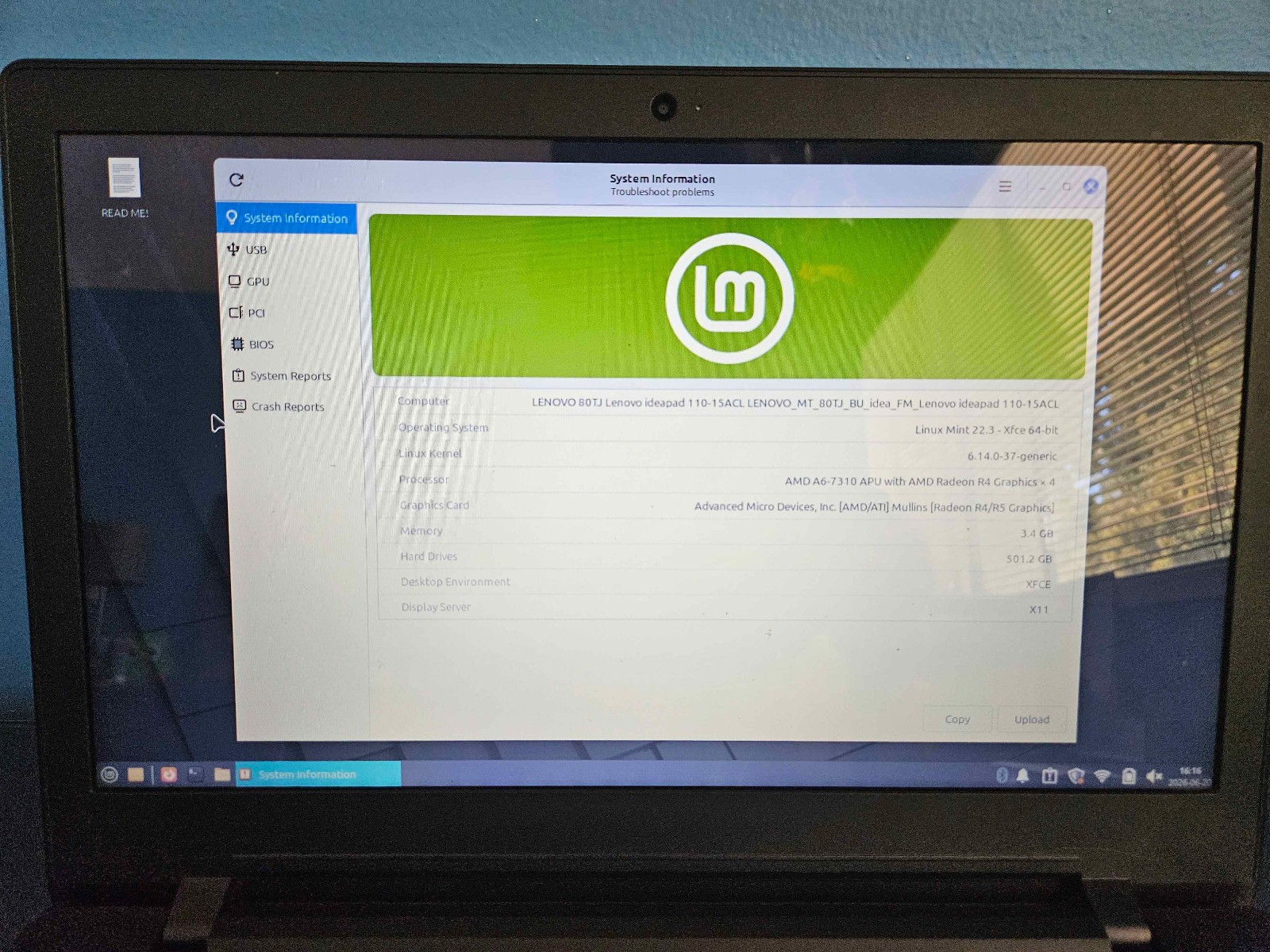 Lenovo IdeaPad 110-15ACL A6-730 4GB RAM 500GB SSD Linux Mint