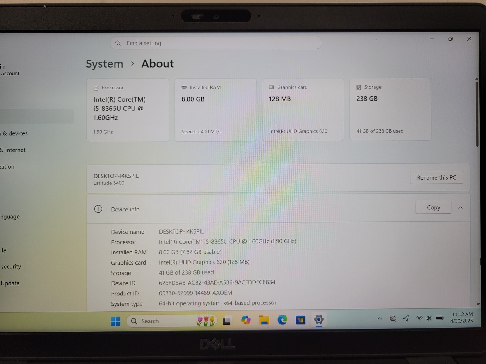 Dell Latitude 5400 i5-8365U 8GB RAM 256GB SSD Windows 11 Pro – CLP17A