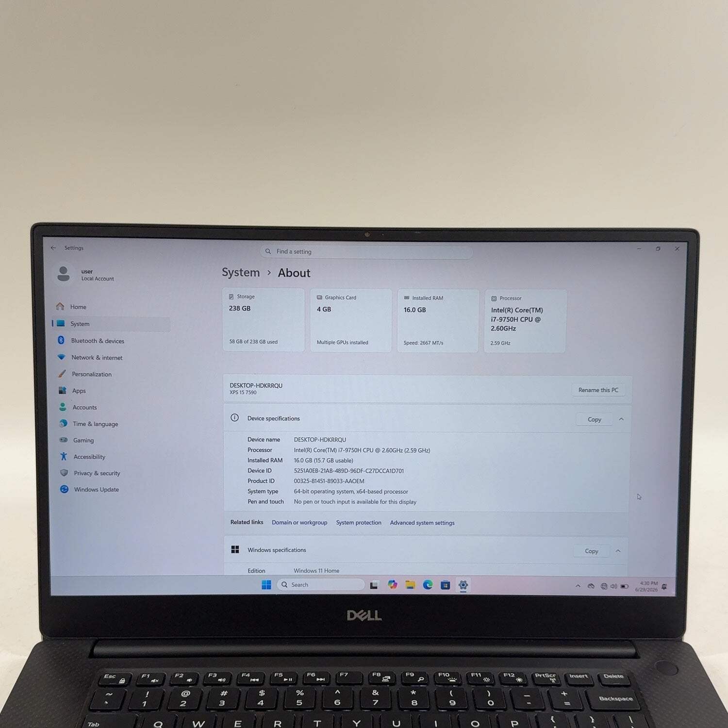 Dell XPS 15 7590 15.6″ i7- 9750H 2.6GHz 16GB RAM 256GB SSD GeForce GTX 1650