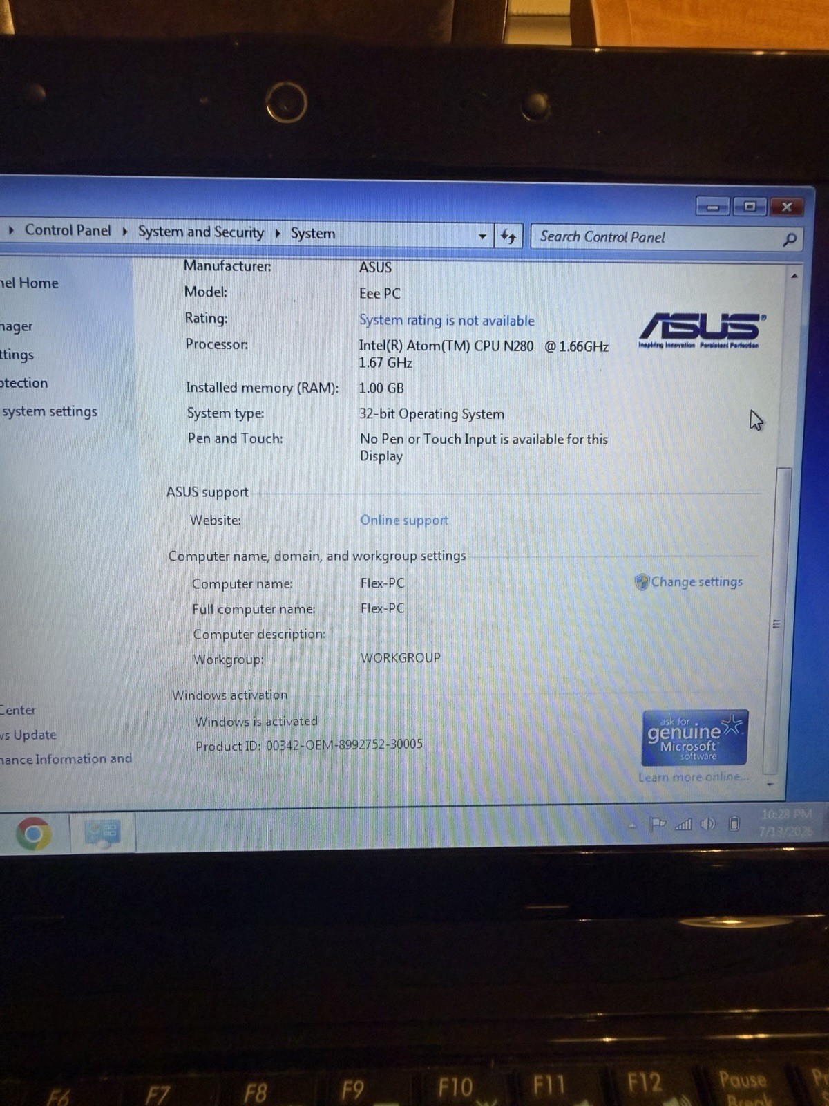 Asus EEE PC 1005HA Windows 7 10in Mini Black Laptop Intel Atom N280 220Gb HDD