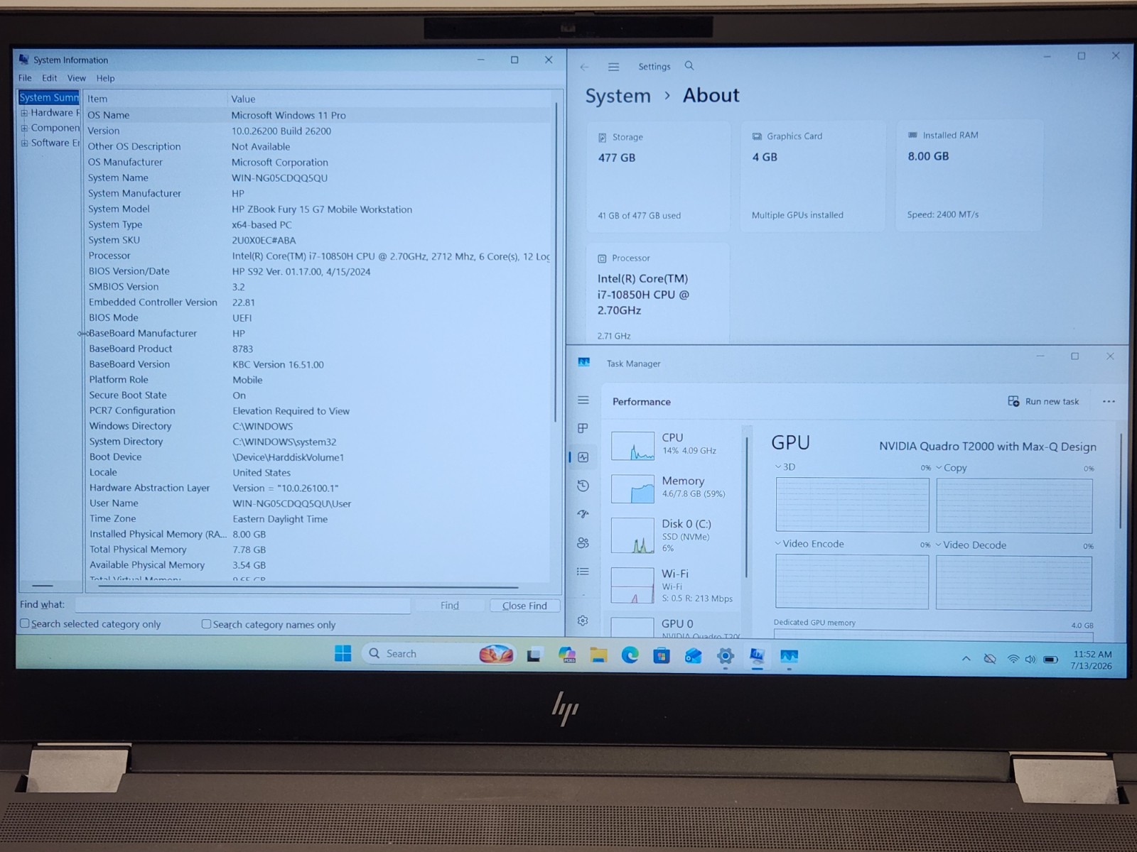 HP ZBook Fury 15 G7 15.6″ i7-10850H 2.7GHz 8GB RAM 512GB SSD W11P Quadro T2000