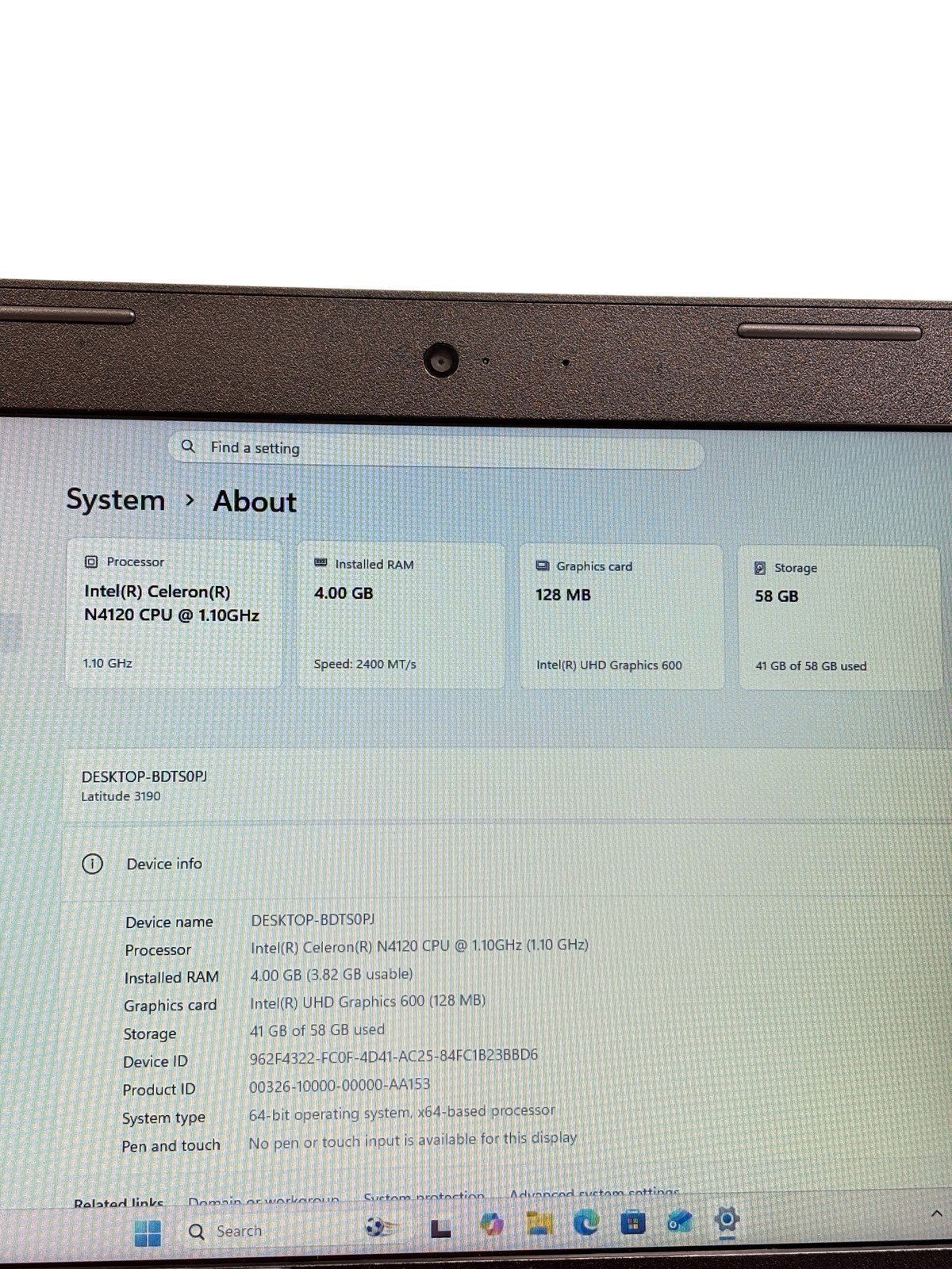 Dell Latitude 3190 Windows 11 Intel Celeron N4120 1.1GHz 4GB RAM 64GB eMMC 11.6″