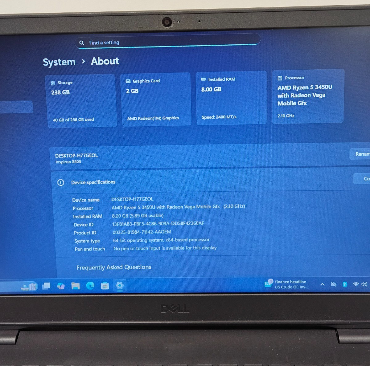 Dell Inspiron 3505 AMD RYZEN 5 3450U, 8GB RAM, 256GB NVME, WIn11 *READ #0180