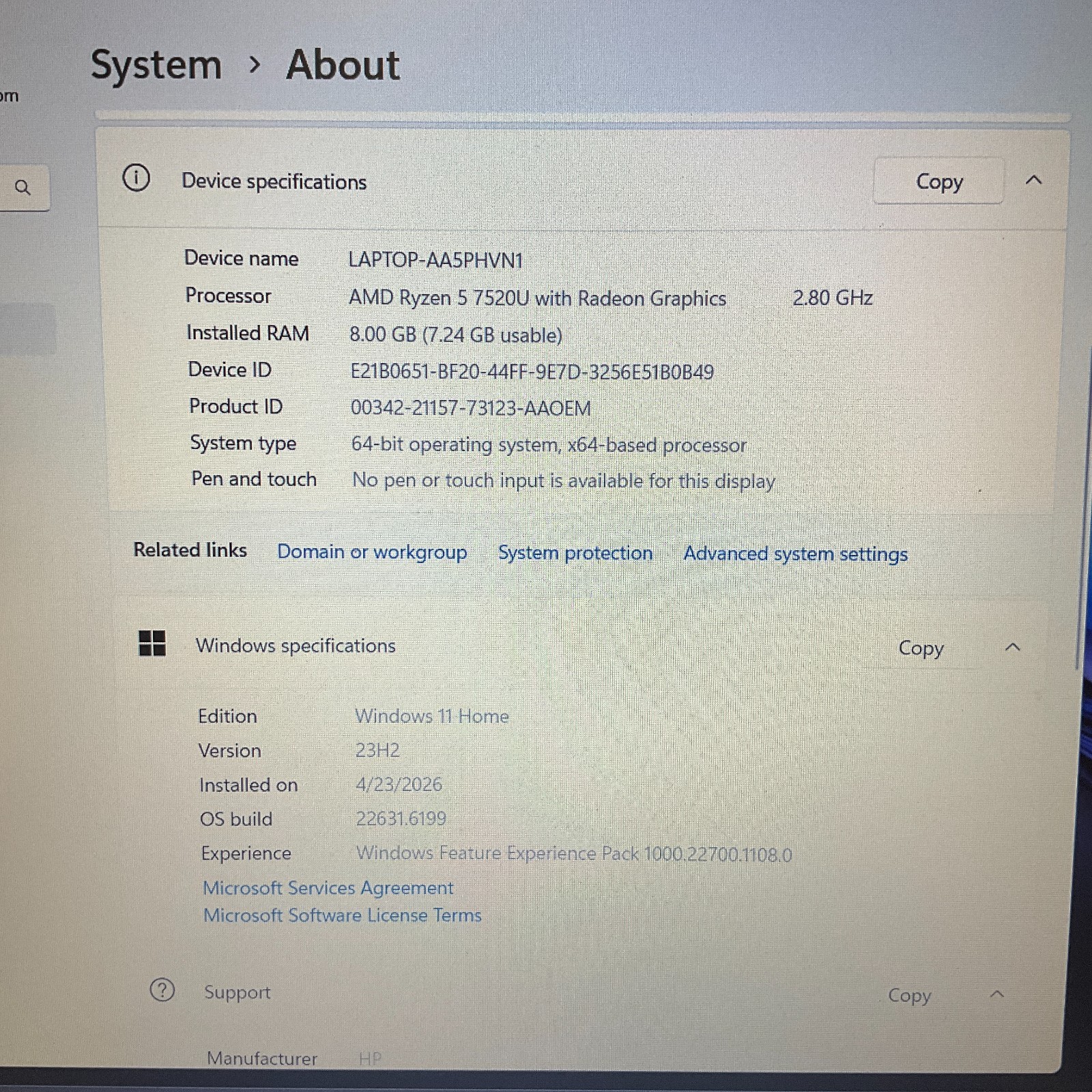 HP 15-fc0039wm 15.6″ Rose Gold Laptop AMD Ryzen 5 7520U @ 2.80 GHz 8GB 256GB