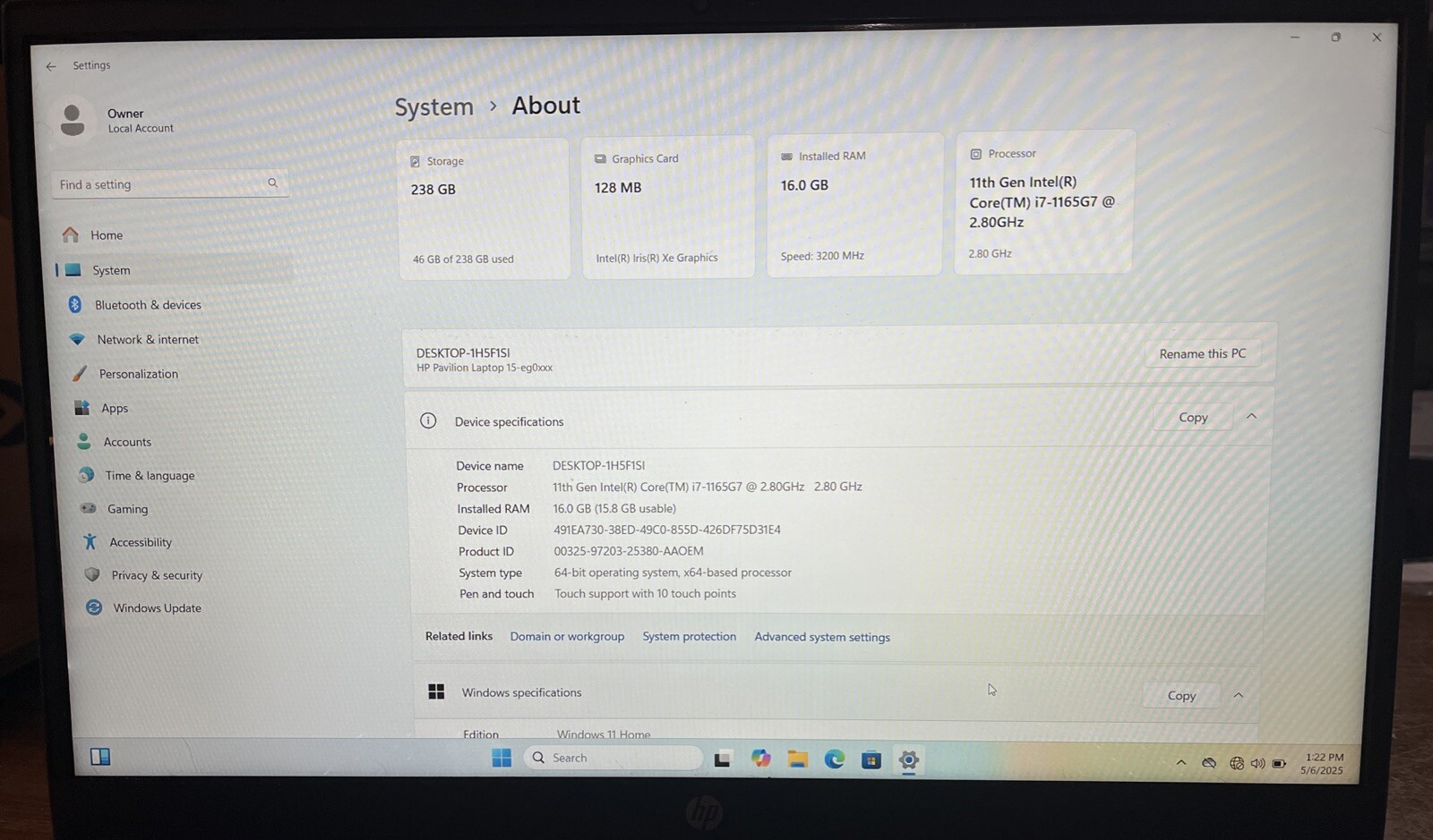 HP Pavilion 15-eg0073cl 15.6″ i7-1165G7@2.8GHz, 16GB RAM, 256GB M2, W11H *READ*