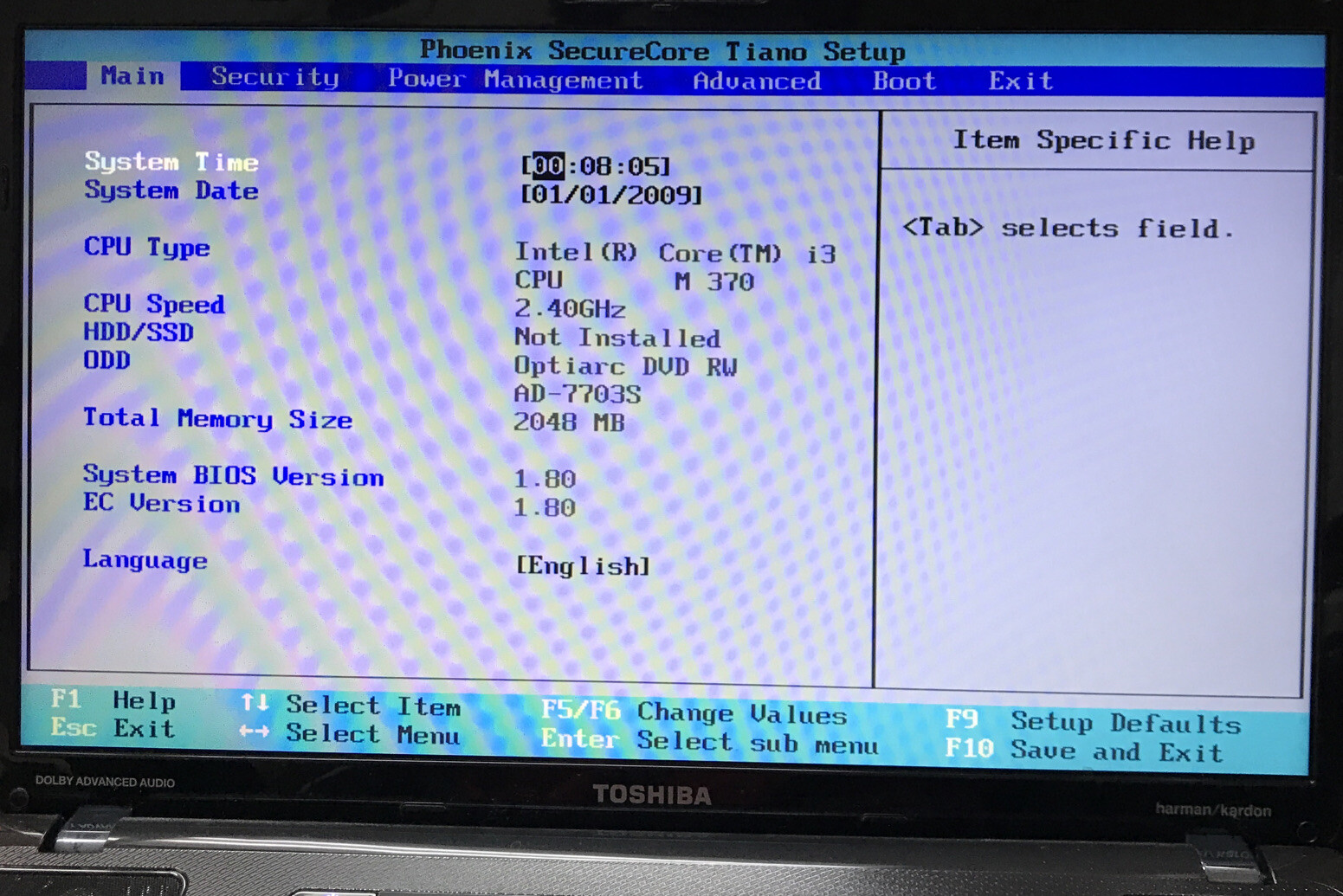 Toshiba Satellite A665-S6086 i3 CPU M370 2.40GHz 2GB RAM, NO HDD Boot to BIOS