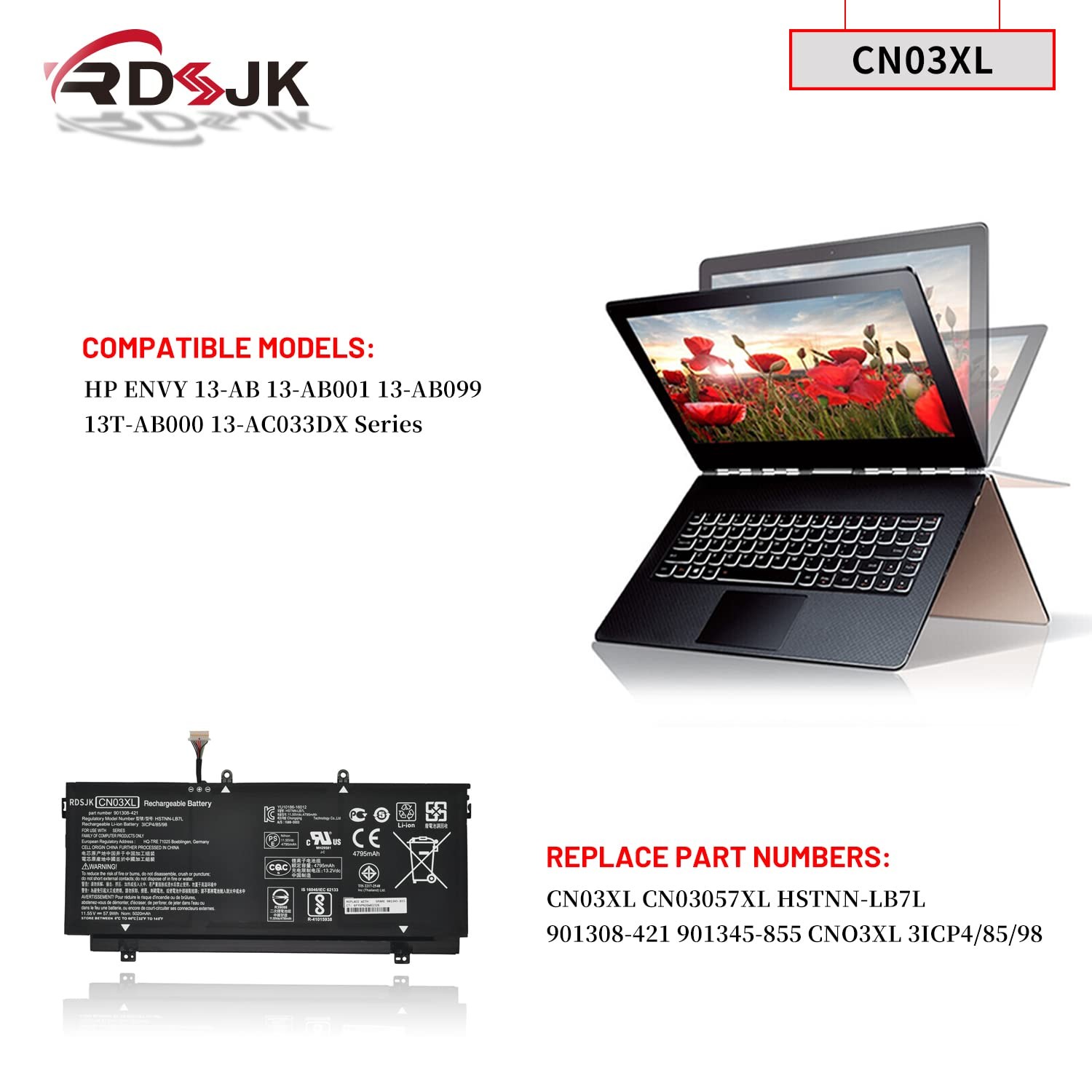 RDSJ CN03XL CNO3XL Laptop Battery for HP Envy 13-AB 13T-AB 13-AB001 13-AB099 13T