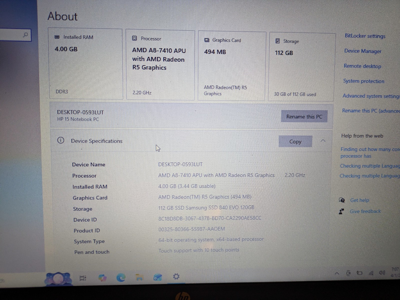 HP 15-1387wm 15.6″ Touchscreen /AMD A8-7410@2.20GHz/4GB/120GB SSD/Win 10/Wifi