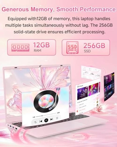 Pink Laptop Computer for Students, 15.6 Inch FHD IPS Display, 12GB RAM 256GB