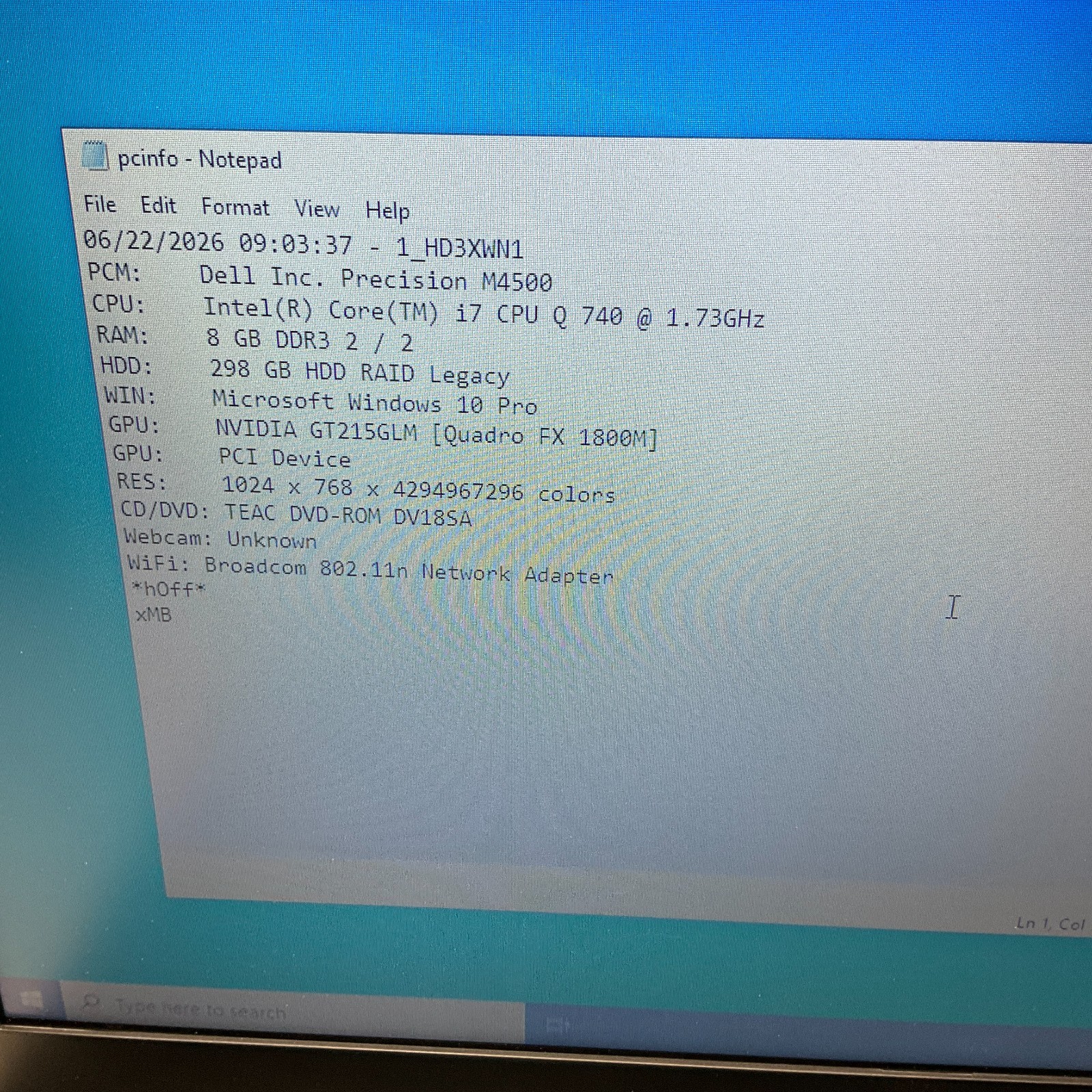 Dell Precision M4500 Laptop Intel Core i7-Q740 @ 1.73 GHz 8GB 320GB HDD NO BATT