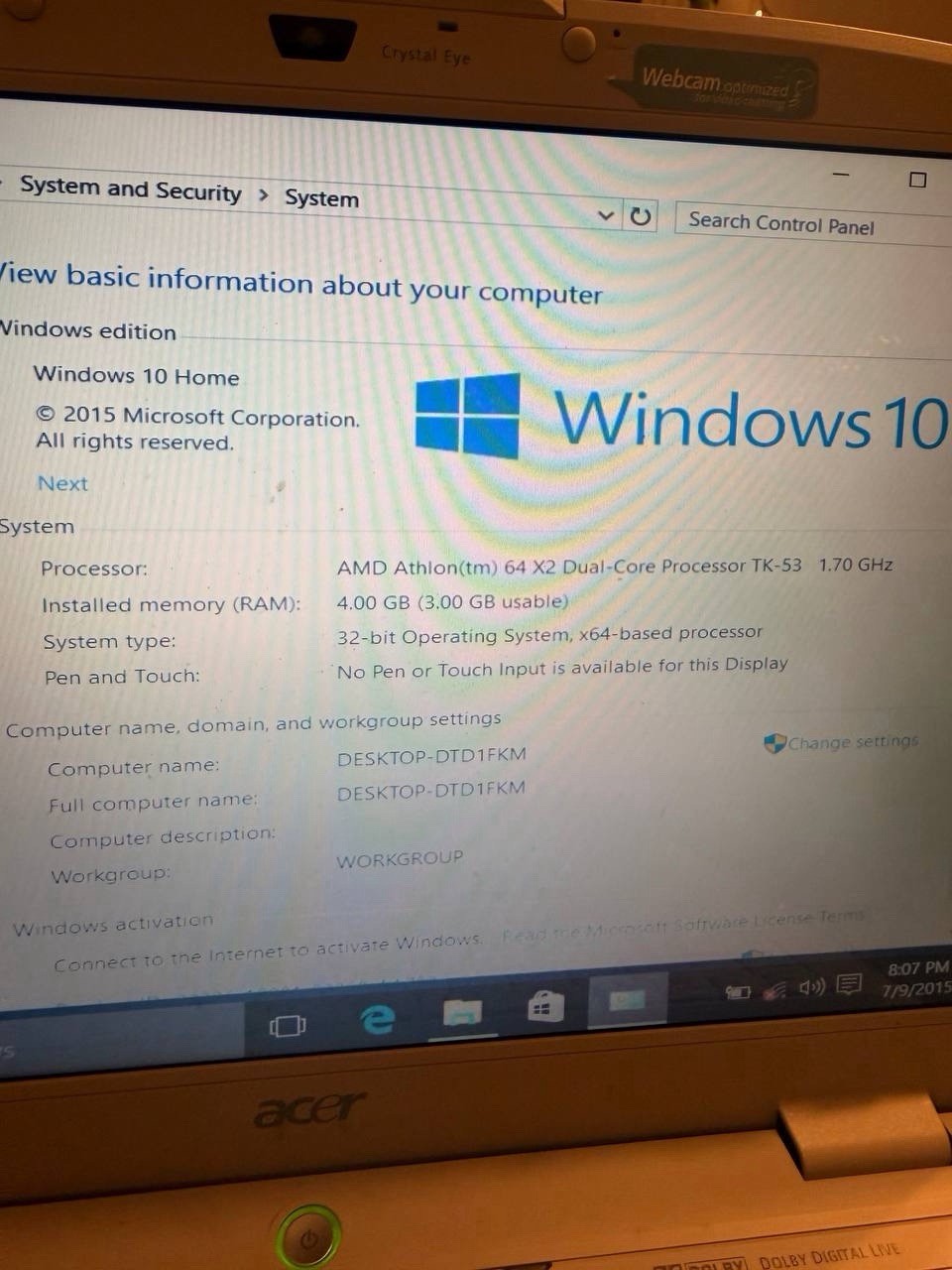 Acer Aspire 4520 Laptop – AMD Athlon X2, 4GB RAM, 120GB HDD, Windows 10 – Works