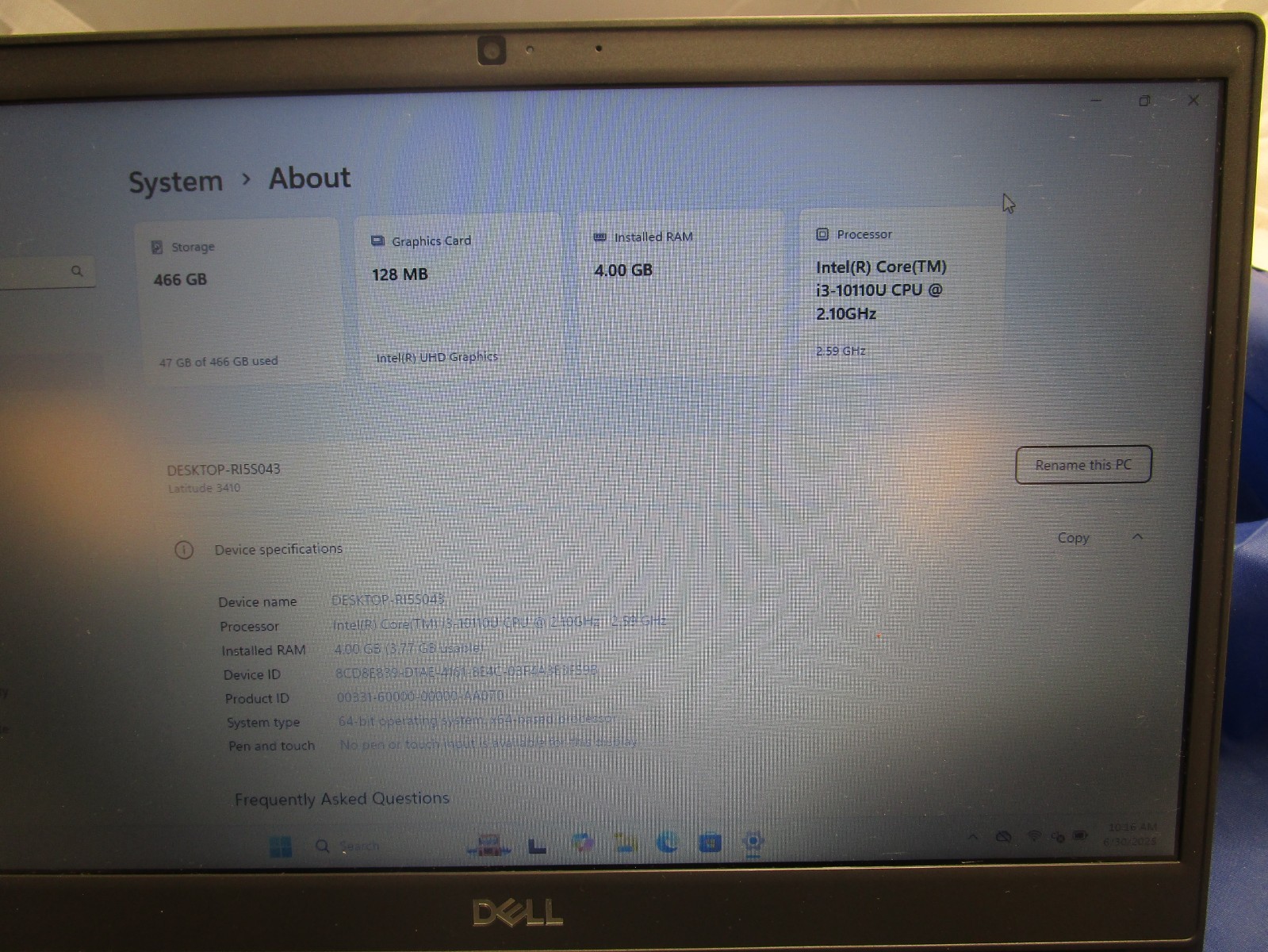 Dell Latitude 3410 Intel i3-10110u 2.10GHz 4GB RAM 500GB SSD Windows 11 Pro*