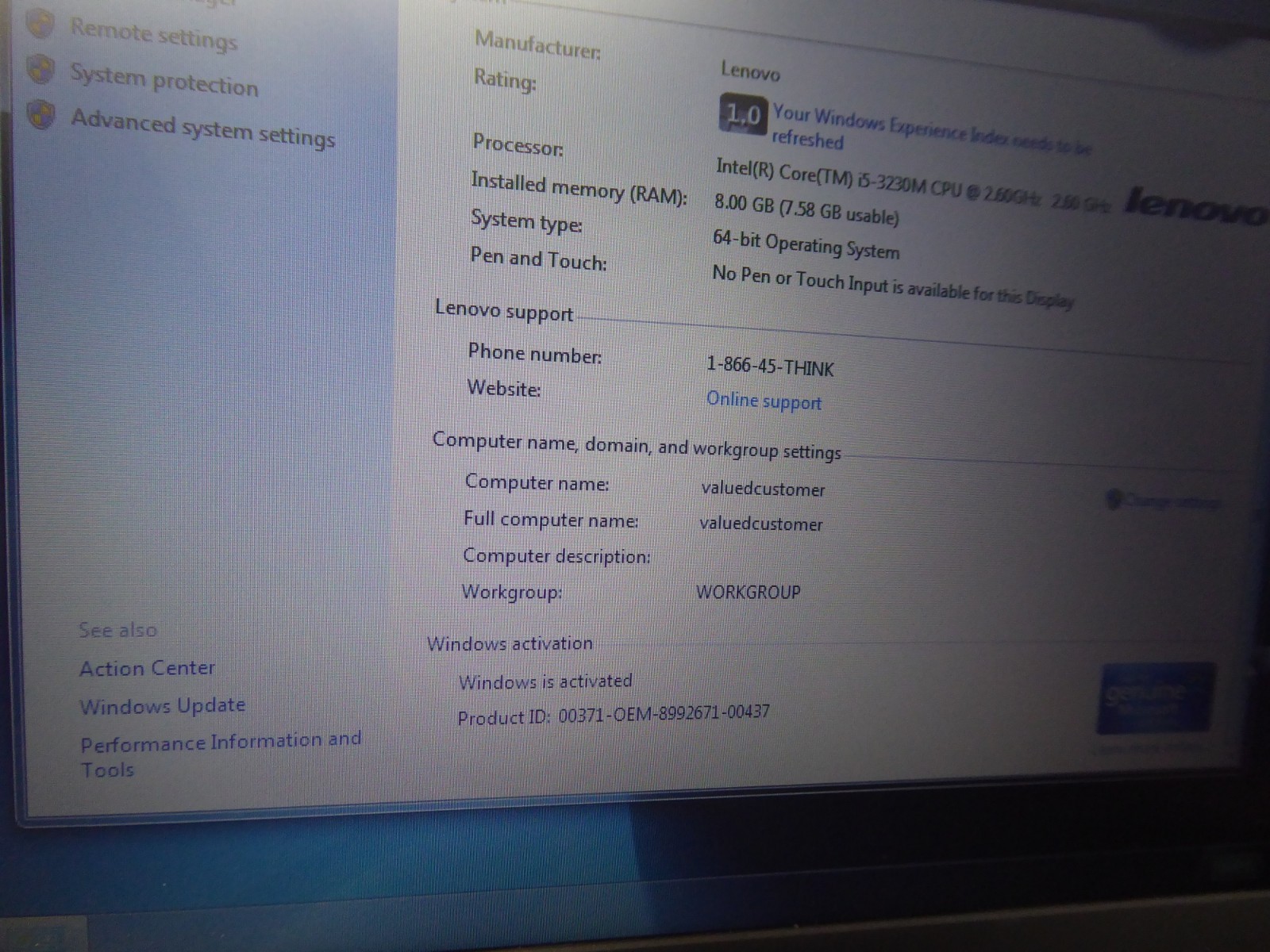 LENOVO THINKPAD EDGE E531 15.6″ i5-3230M 2.6GHz 8GB 500GB WINDOWS 7 PRO 64-BIT