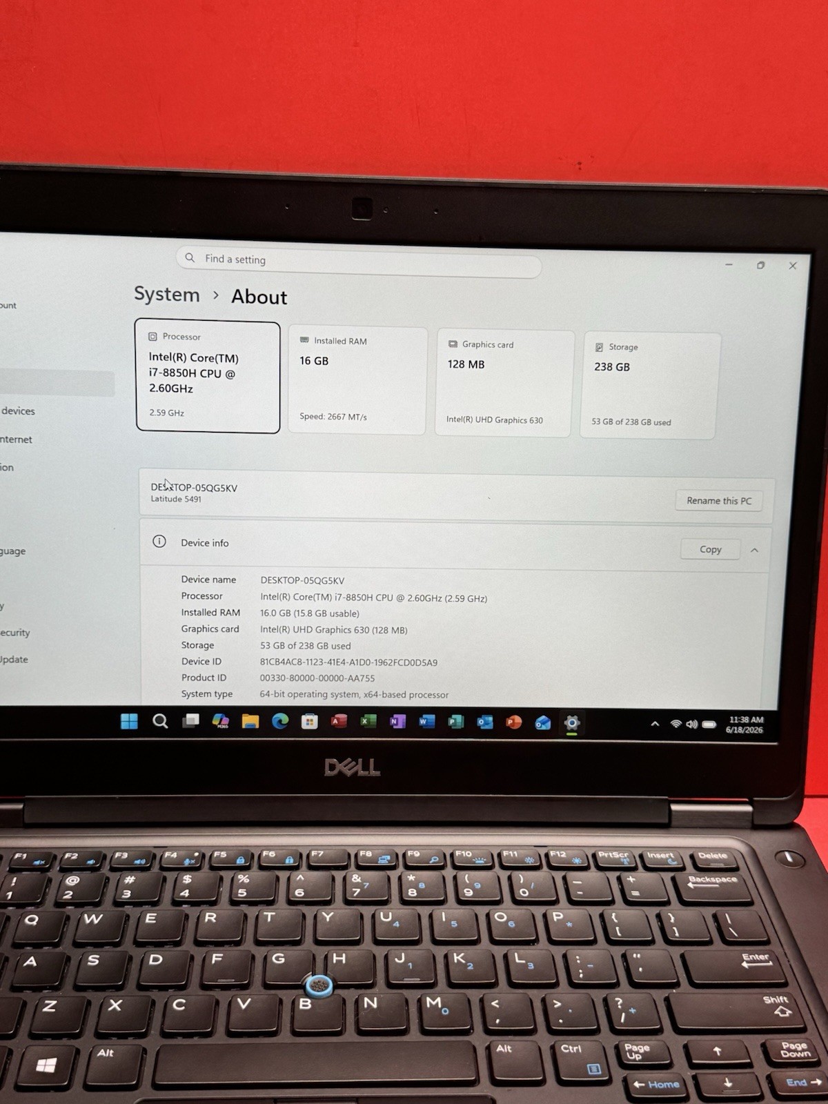 Dell Latitude 5491 14″ 8th i7-2.6GHz 16GB RAM 256SS