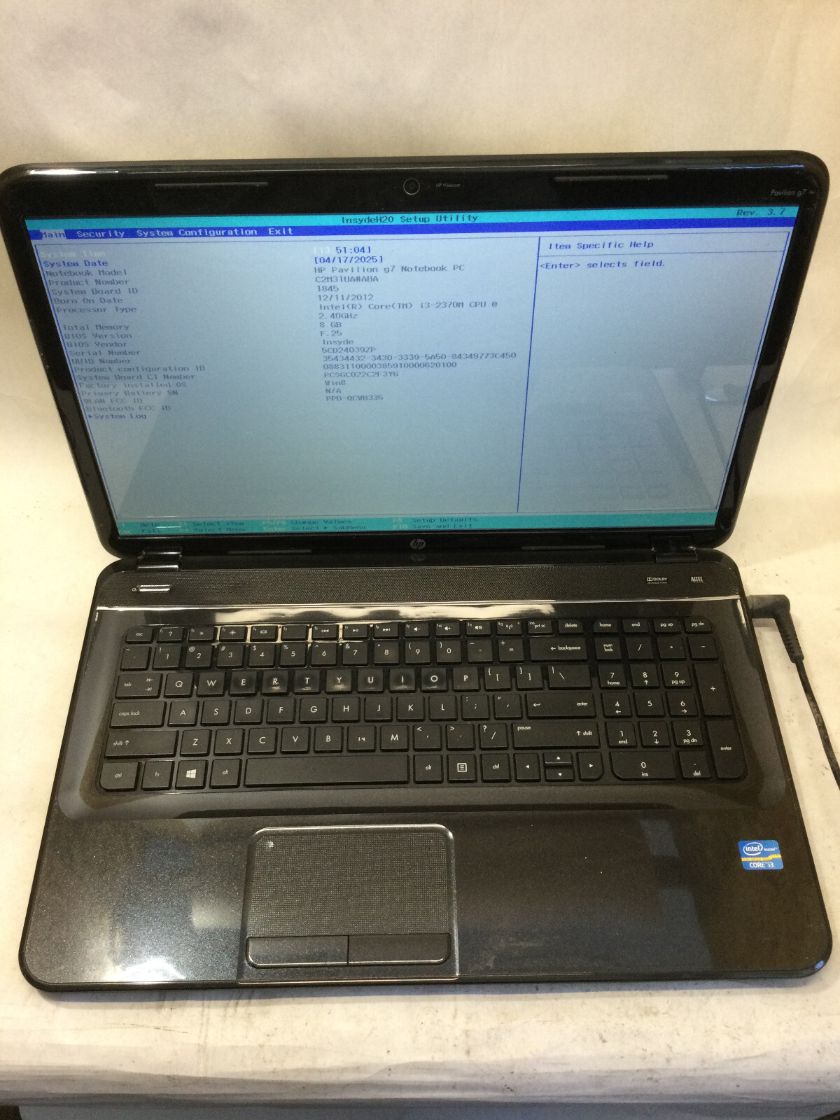 HP PAVILION G7 – BOOTS TO BIOS – INTEL I3 2370M – 8GB RAM – READ DESCRIPTION -BB