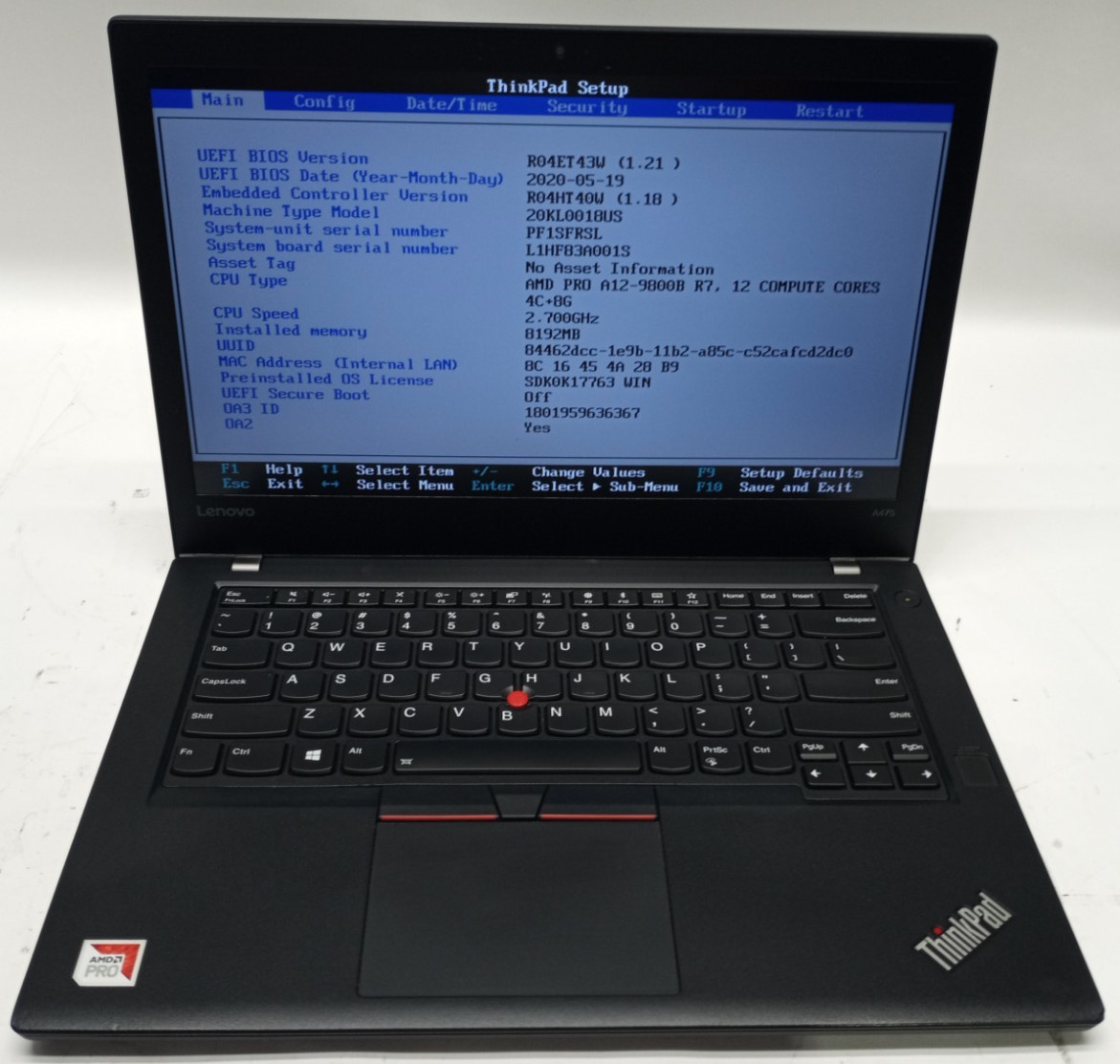 Lenovo ThnkPad A475 AMD Pro A12-9800b@2.50GHz 8GB RAM No HDD No OS MC729*!