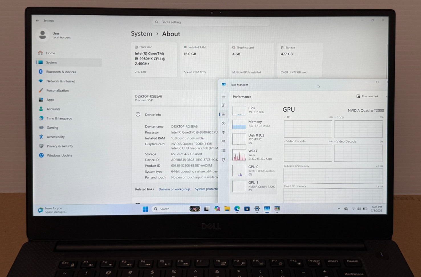 Dell Precision 5540 15.6″ Intel i9-9880H 16GB 512GB SSD Quadro T2000 Wind 11Pro