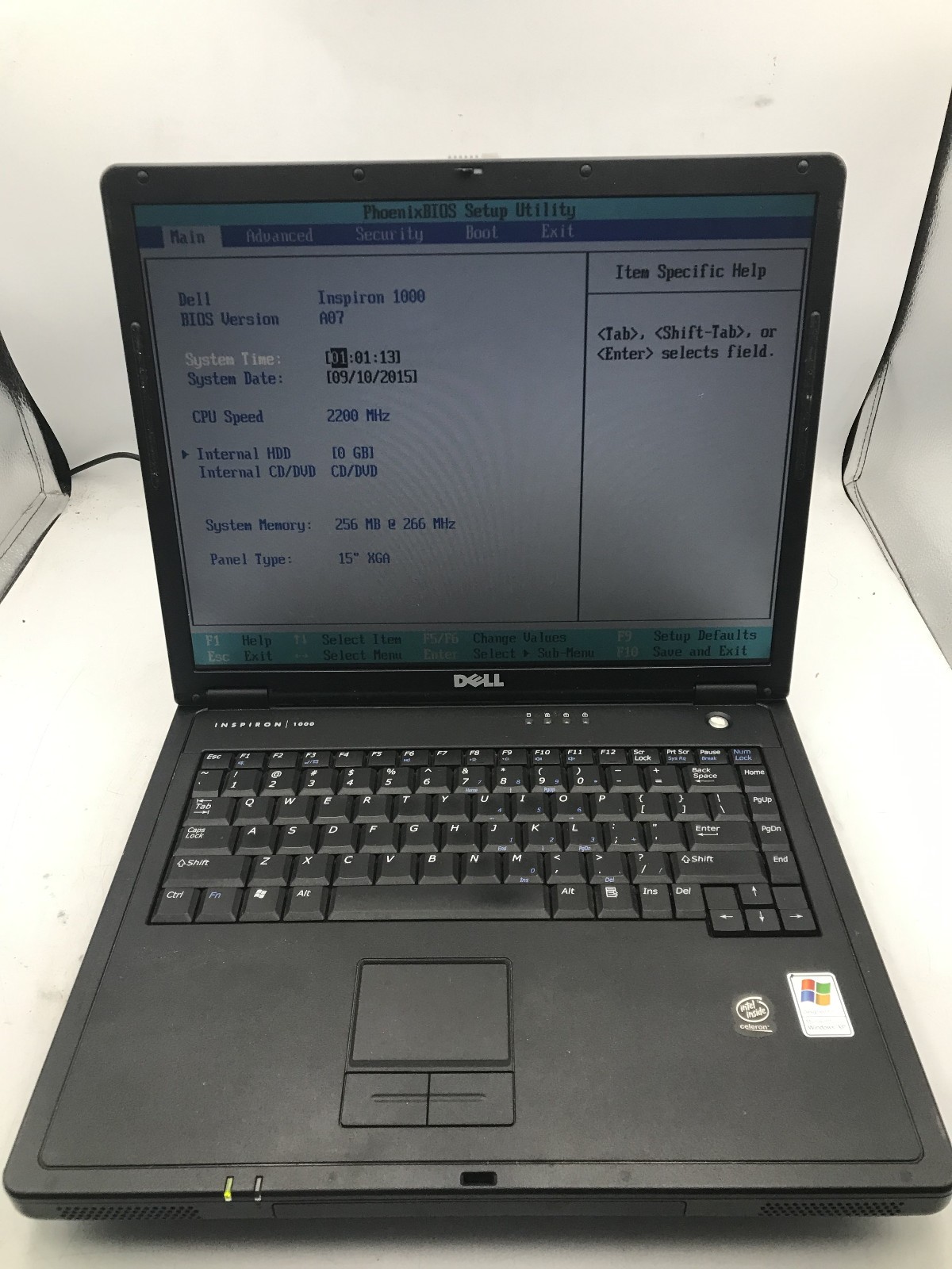 DELL INSPIRON 1000 – BOOTS TO BIOS – INTEL CELERON 2.2MHZ – 256MB RAM – READ -BB