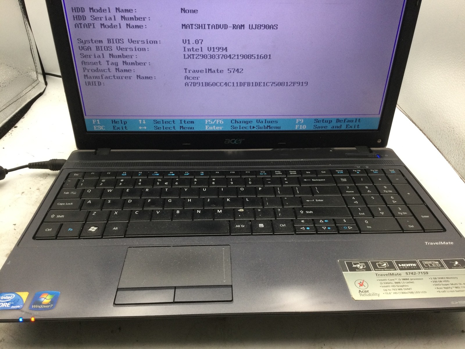ACER TRAVELMATE 5742 – BOOTS TO BIOS – INTEL I3 M380 – NO RAM – READ DESCRIP-BB