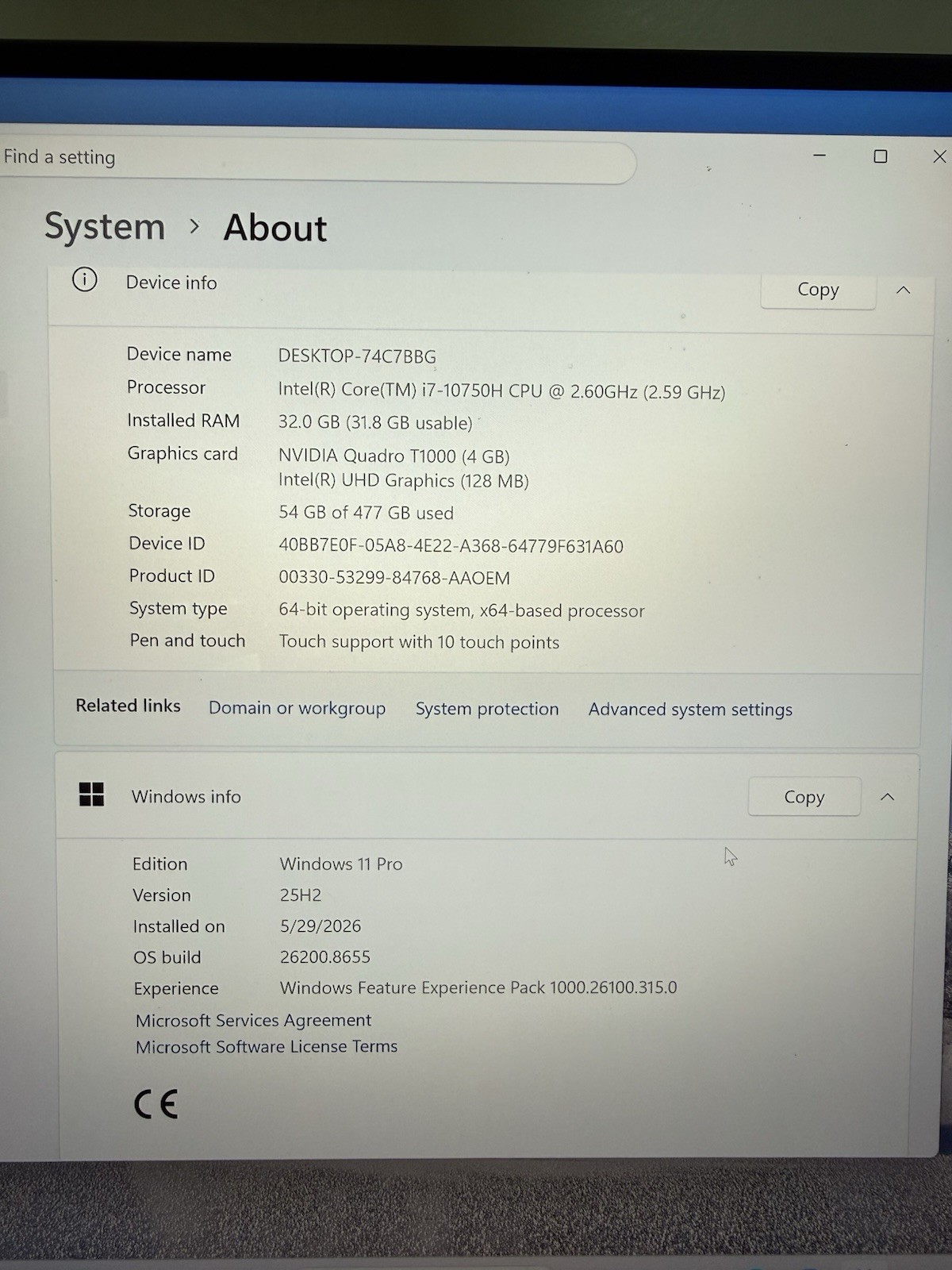 Dell Precision 5550 I7-10750H 512 32GB NVIDIA T1000 WIN 11 Pro NO BATTERY