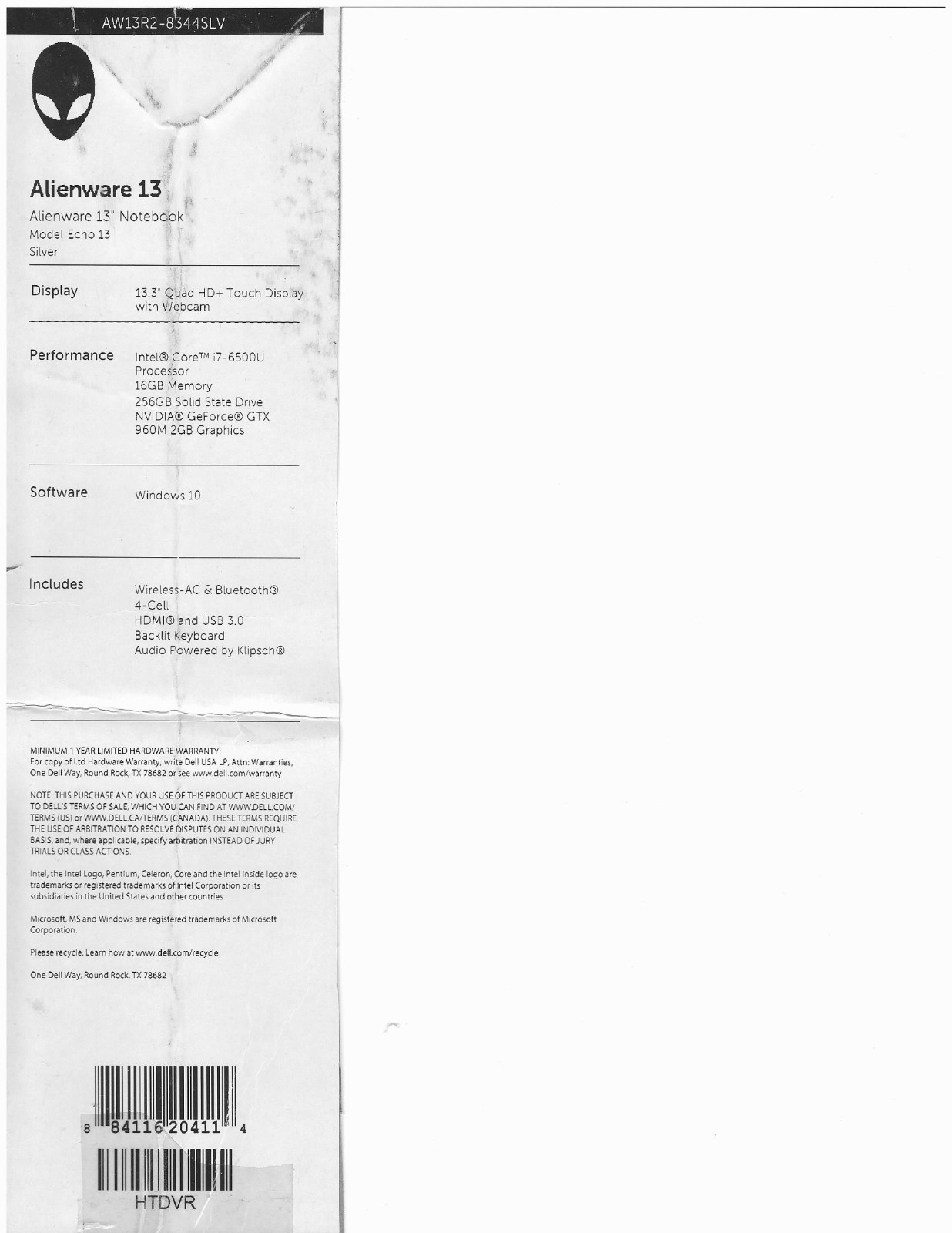 Alienware AW13R2-8344SLV Touch Screen
