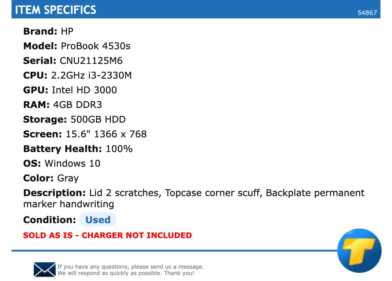 HP ProBook 4530s – 15.6″ HD, 2.2GHz i3, 4GB RAM, 500GB HDD, Windows 10