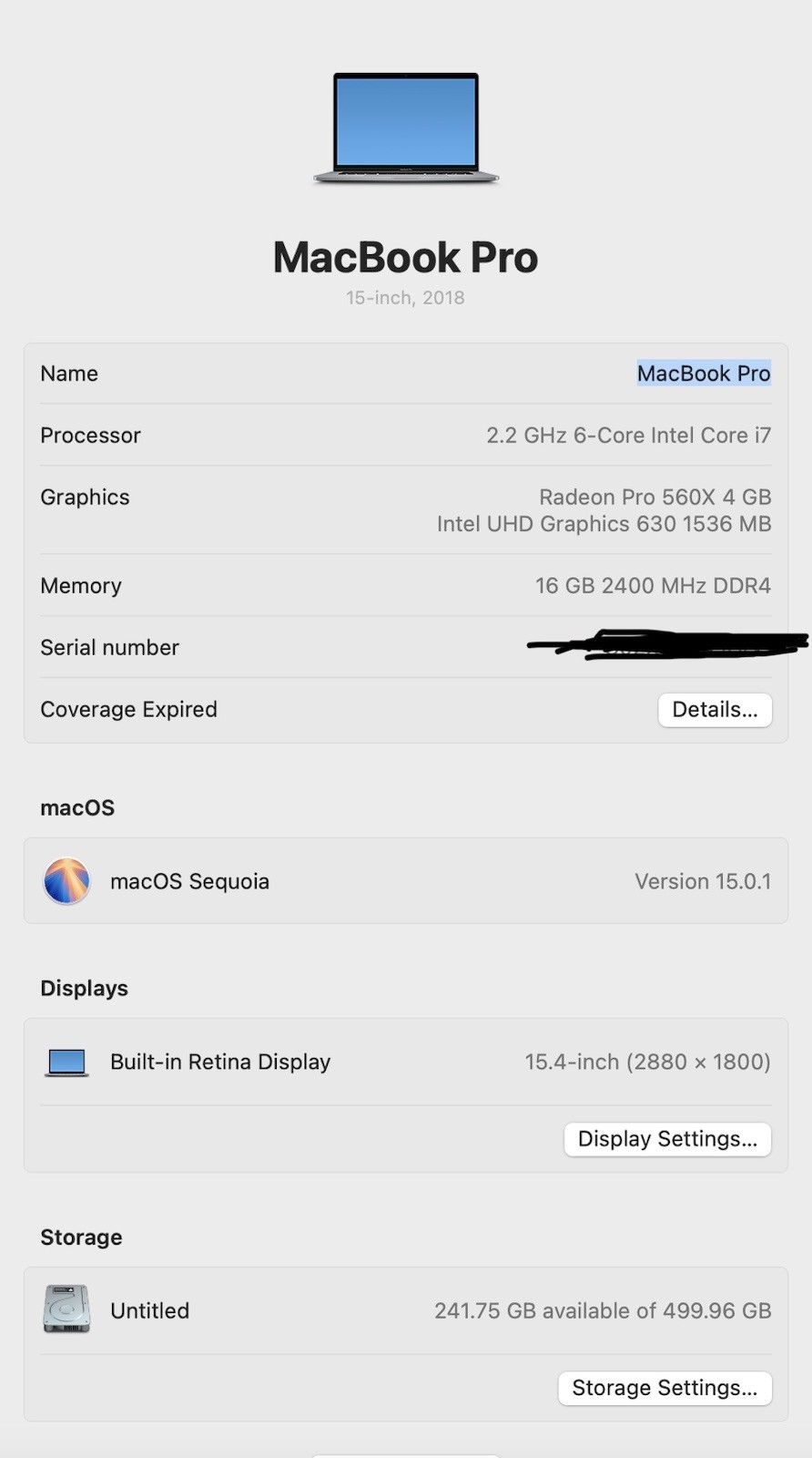 Apple A1990 MacBook Pro 2018 6-Core Intel i7-8750H@2.2GHz, 16GB DDR4, 500GB SSD