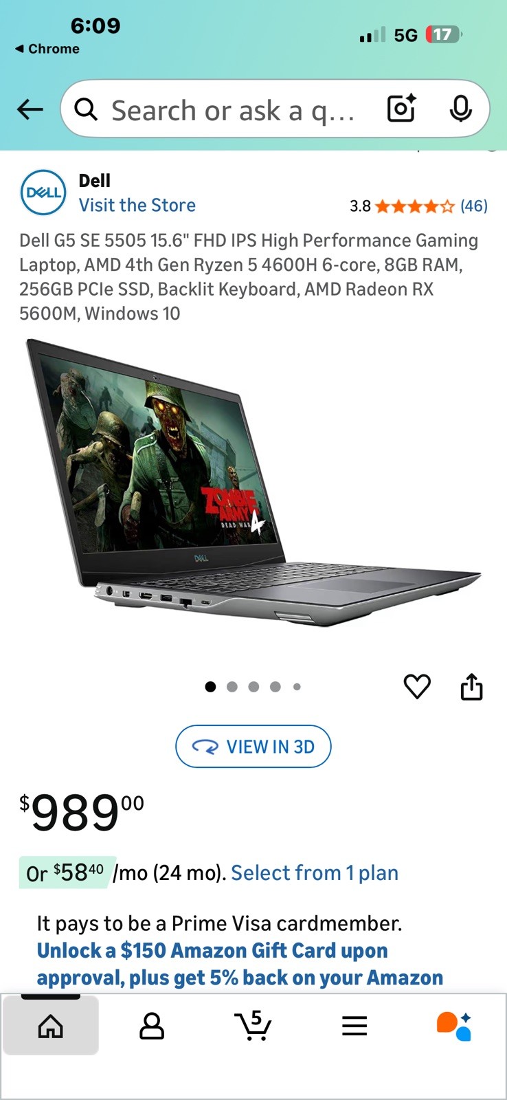 Dell G5 SE 5505 15.6″ (256GB SSD, AMD Ryzen5-4600H 3000 Mhz, 6 cores(6), 8GB)