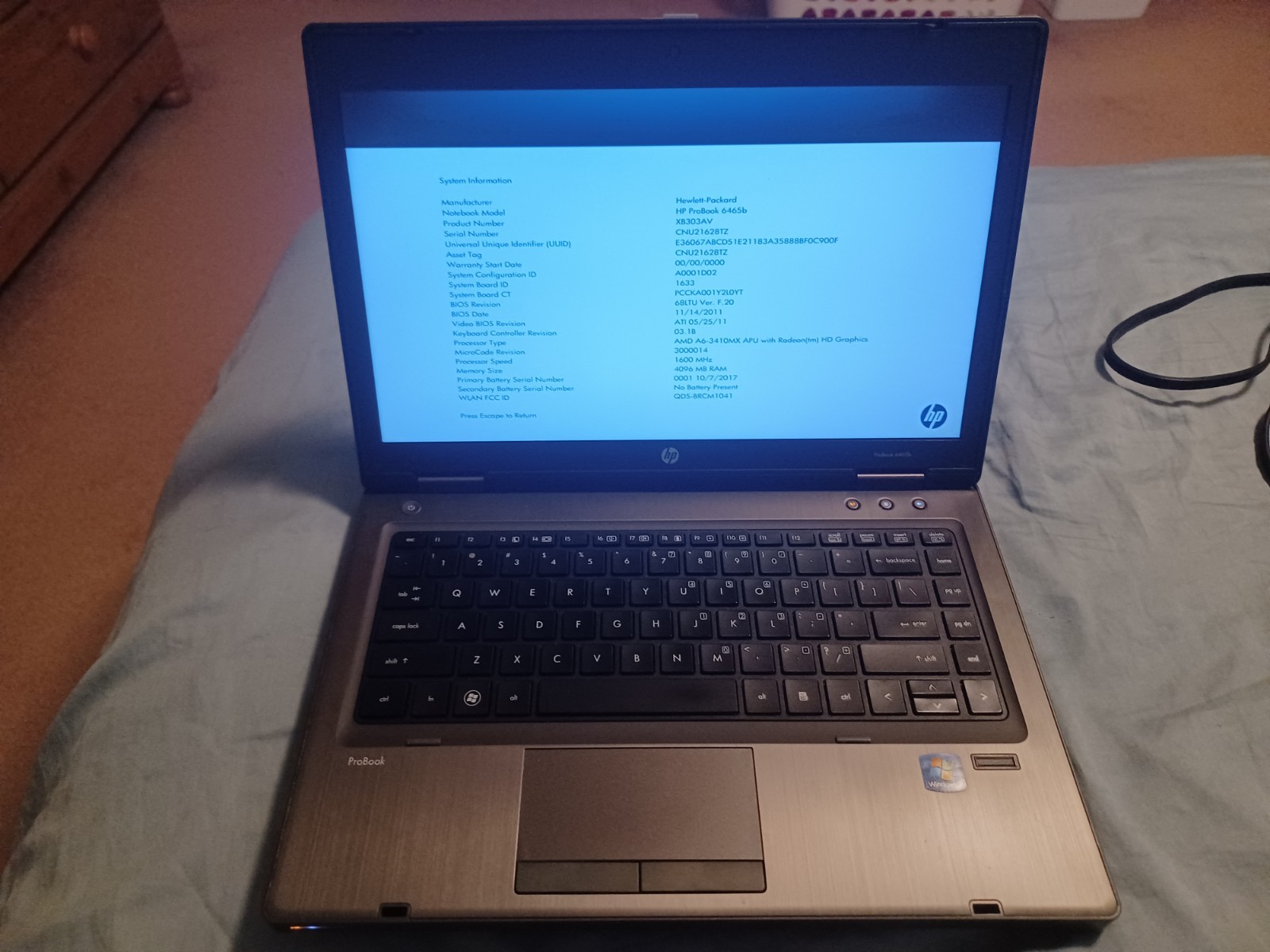 HP ProBook 6465b Laptop AMD A6-3410MX CPU 4GB RAM 250GB HDD w/Charger – No OS