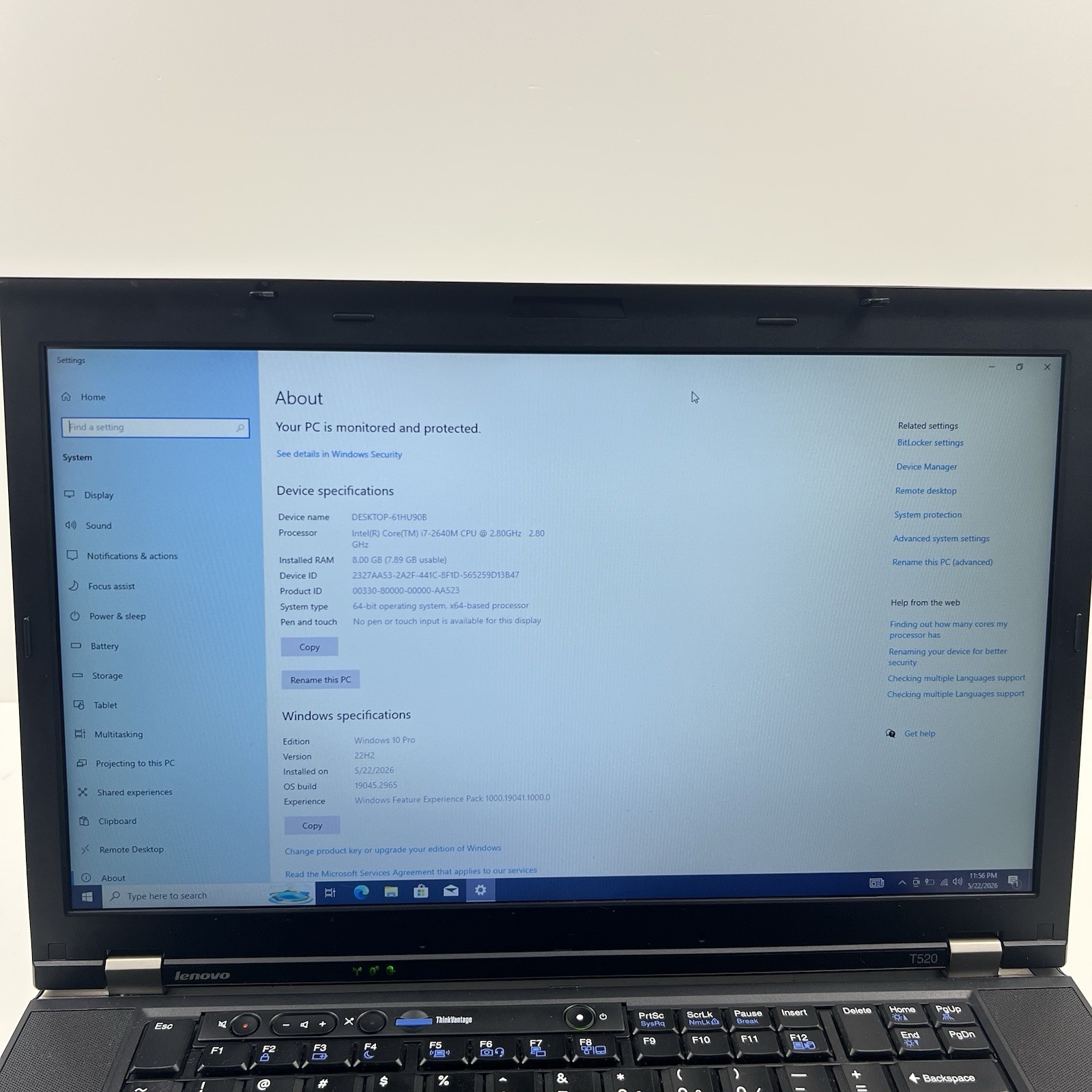 Lenovo ThinkPad T520 Intel i7-2640M 8GB 320GB HDD Win 10 w/ Charger|ELP72, READ