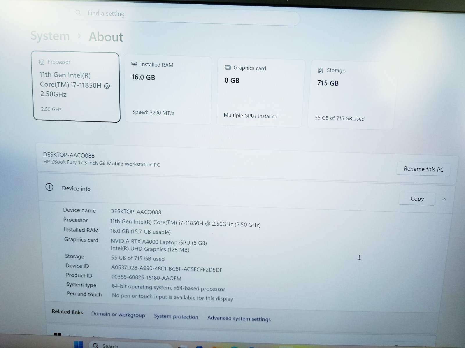 HP Zbook Fury G8 17.3inch Core i7-11850H 16GB 715GB NVMe RTX A4000 8GB GPU