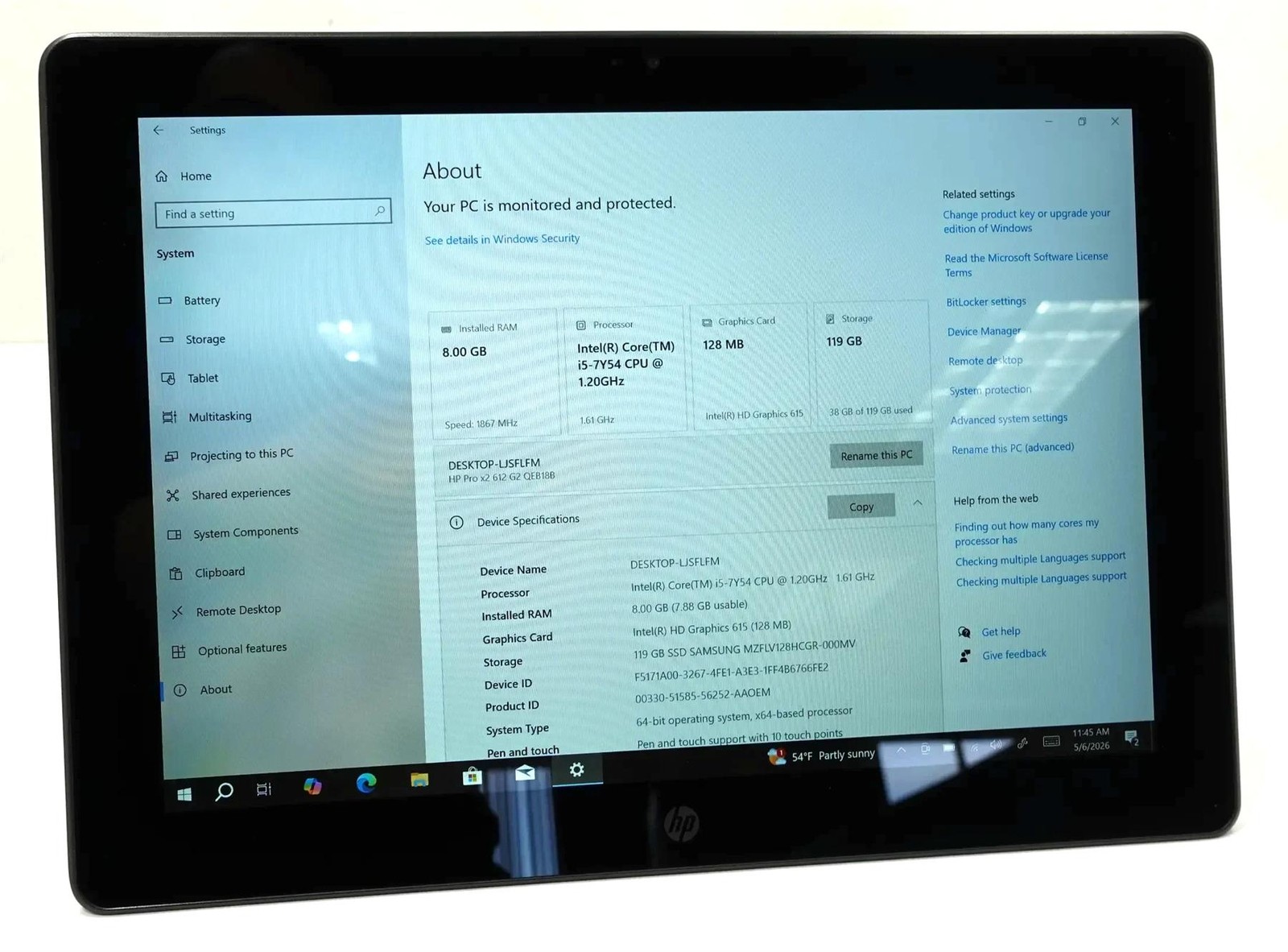 HP Pro X2 612 G2 Tablet Core i5-7Y54 1.20GHz 8GB 128GB SSD