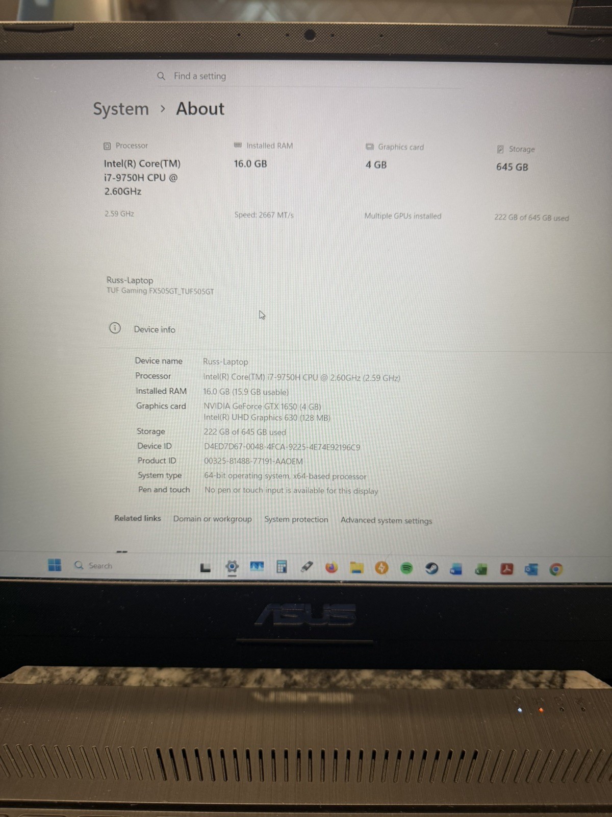 ASUS TUF FX505 15.6 inch Gaming Laptop (1TB, 16GB Ram, i7-9750H, GTX1650)