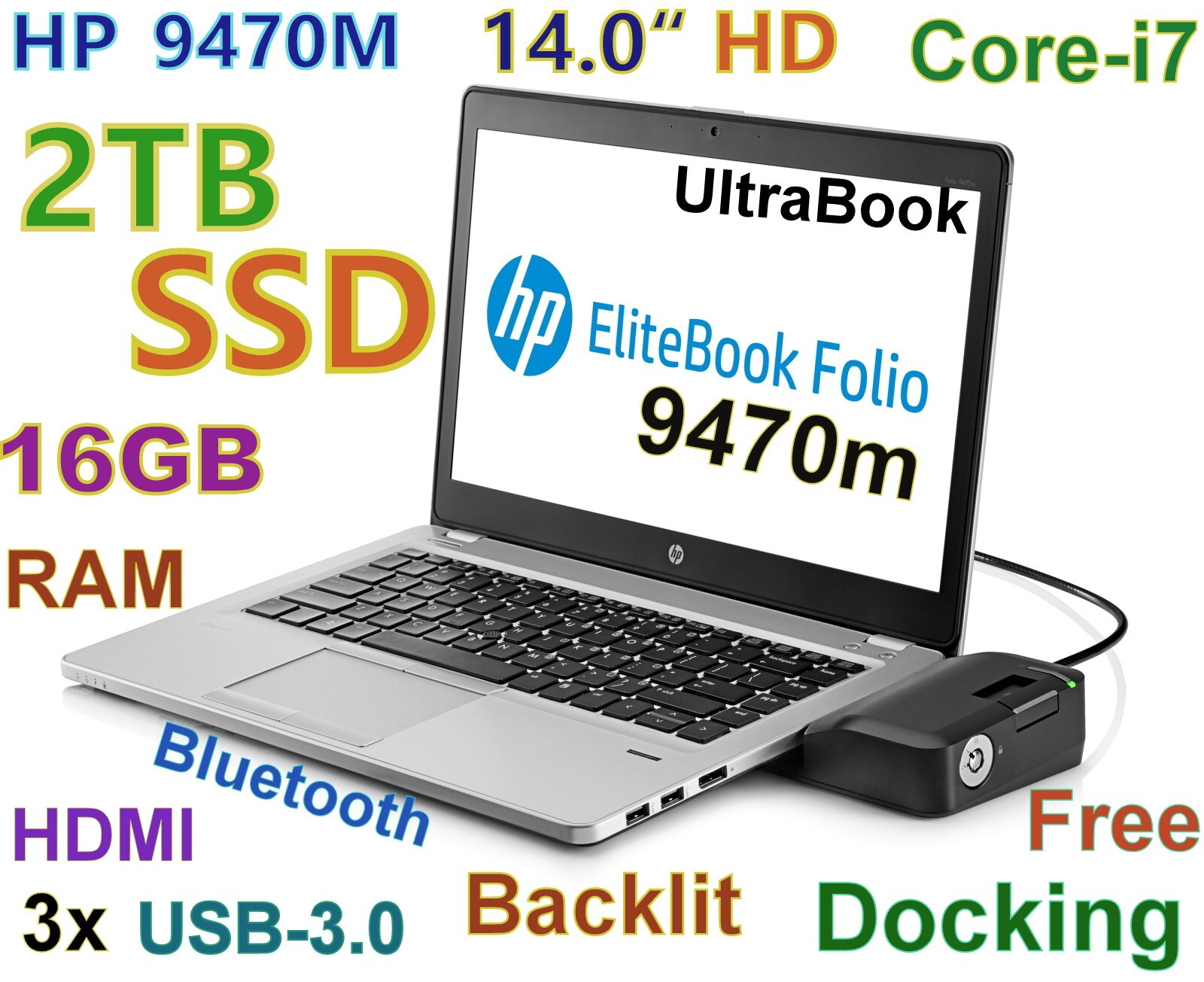 HP Folio 9470m i7-3667u Ultra-FAST 2TB SSD 16GB 14″ Backlit BT + Docking