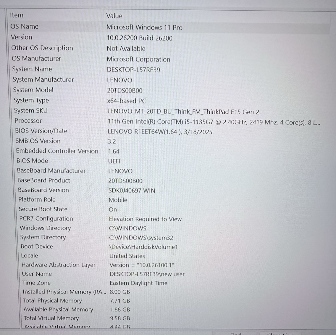 Lenovo ThinkPad E15 gen 2, i5-1135g7, 2.40 GHz, 8gb Ram, 256gb NVMe, Win 11 Pro