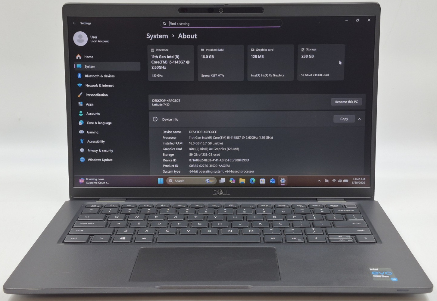 Dell Latitude 7420 Laptop i5-1145G7 2.60GHz 16GB RAM 256GB NVMe SSD Win 11 Pro