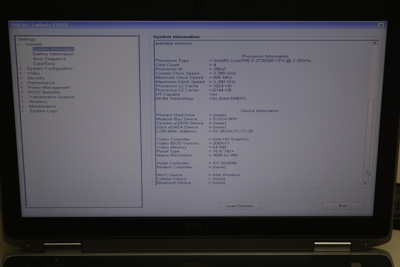 Dell Latitude E6520 Intel Core i7-2720QM @ 2.20GHZ 8GB Ram No HD #W108
