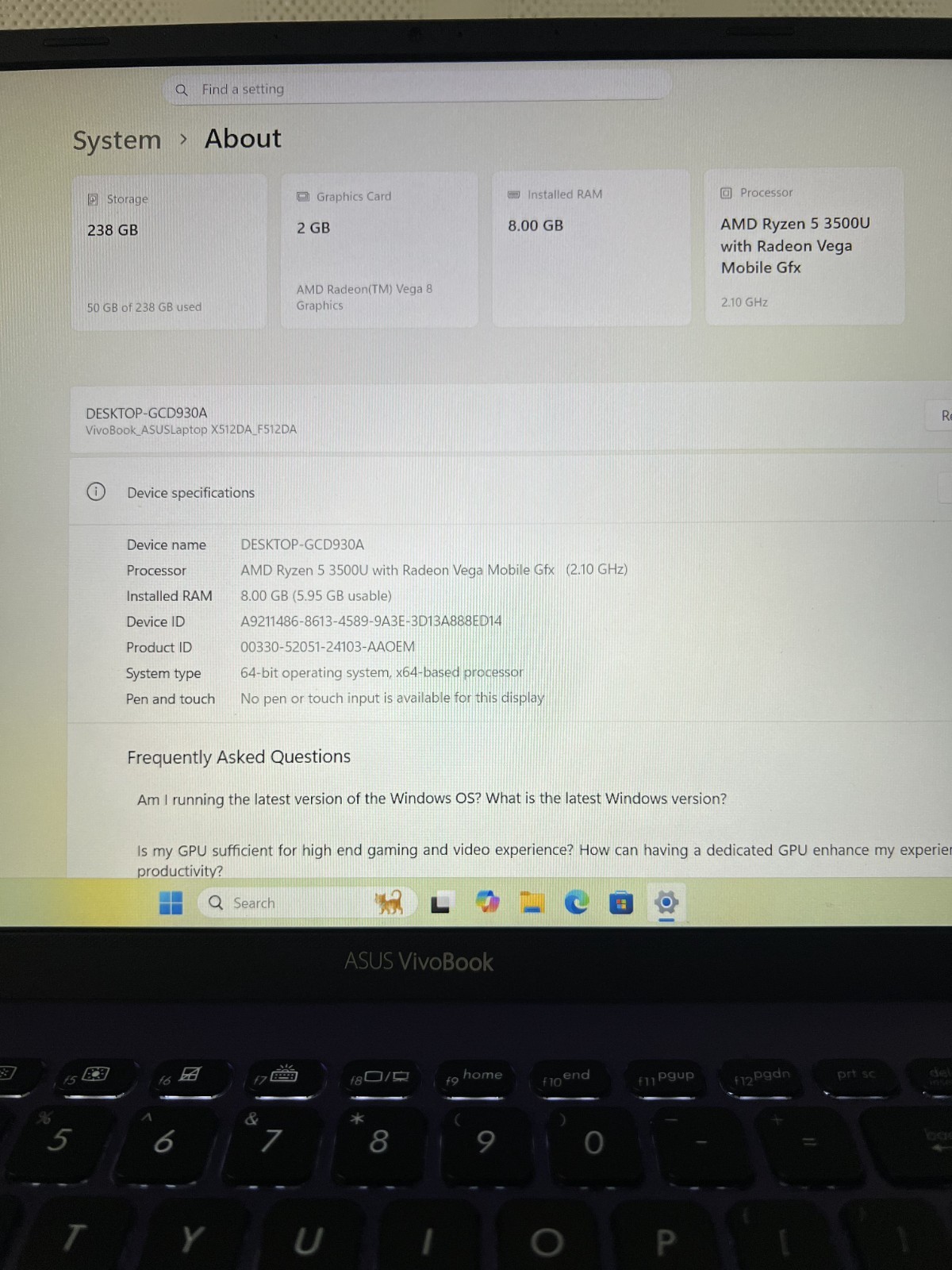 ASUS VIVOBOOK F512D AMD RYZEN 5 3500U 16GB RAM 256GB NVMe Win-10H