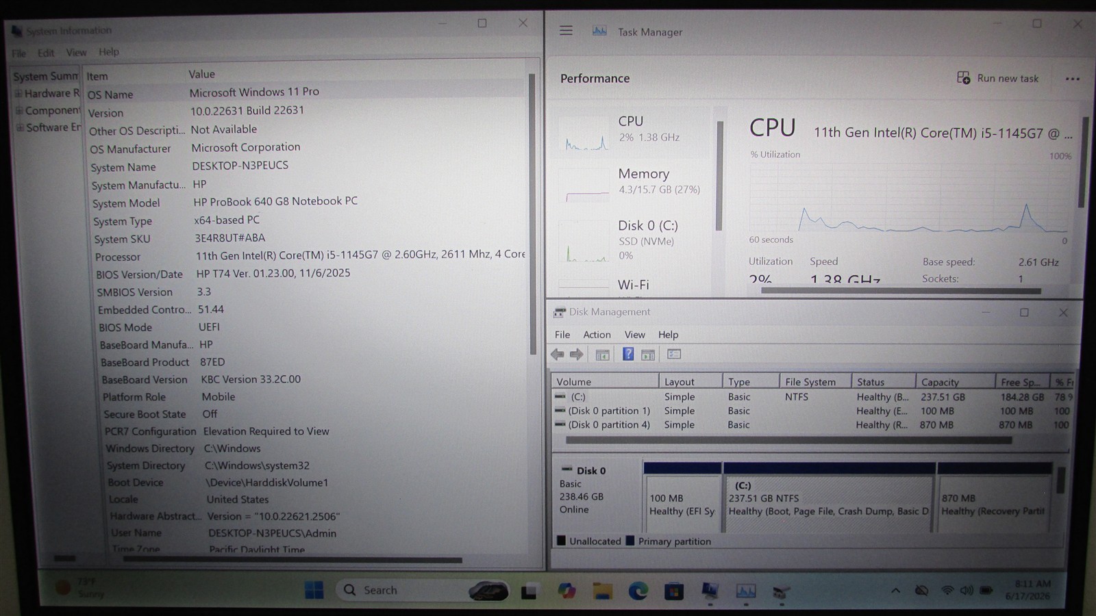 HP Probook 640 G8 i5-1145G7 2.6GHz 16GB RAM 256GB NVME 14″ Win 11 Pro MISS KEY
