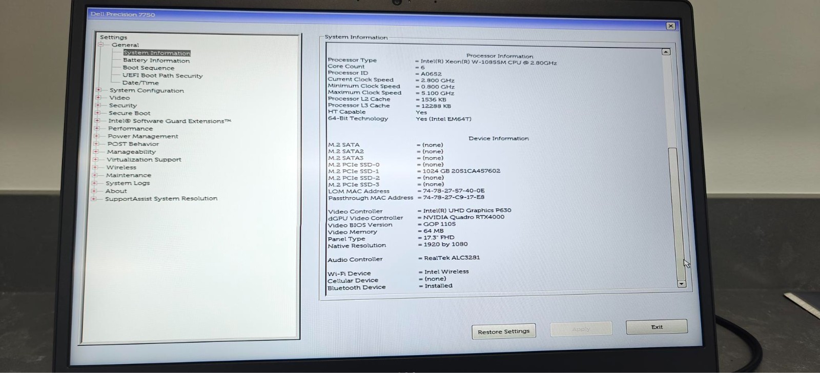 27.Dell Precision 7750 (Xeon W-10855M, 32GB Ram, 1TB SSD, Nvidia Quadro RTX4000)