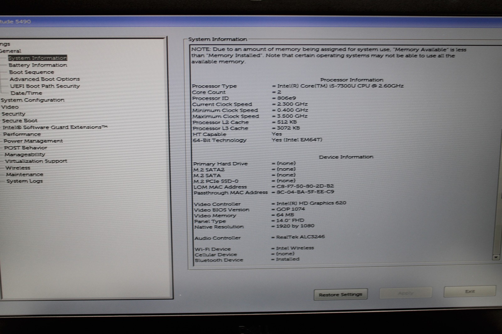Dell Latitude 5490 i5-7300U @ 2.6 GHz 8GB RAM No SSD No OS *READ