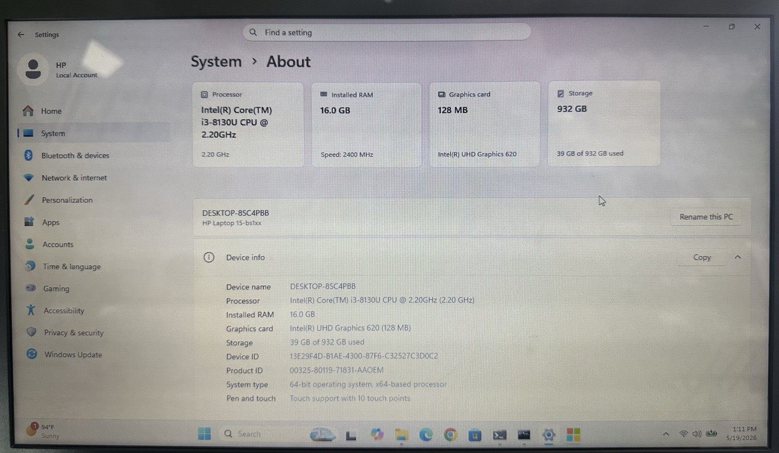 HP 15-BS113DX 15.6″ i3-8130U 16GB RAM 1TB HDD Touchscreen WIN11 office For Life