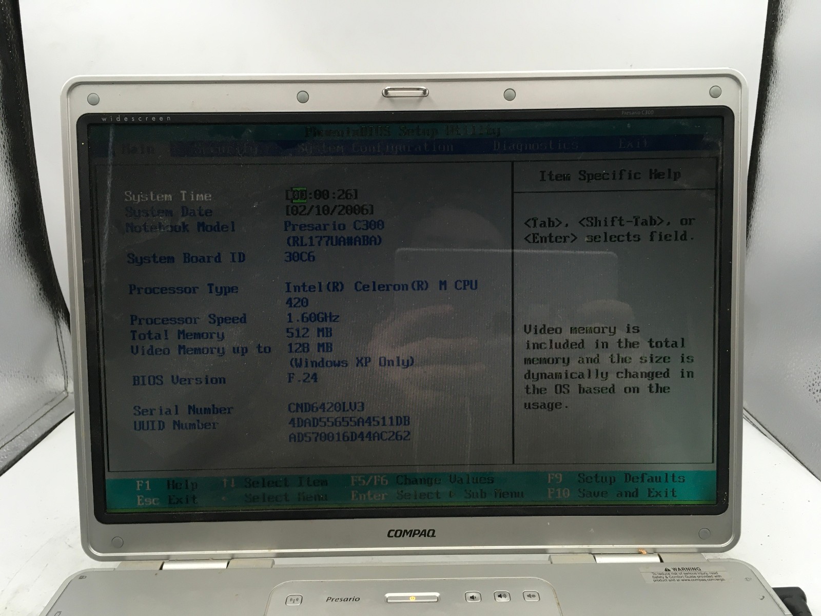 HP COMPAQ PRESARIO C300 – BOOTS TO BIOS – INTEL CELERON M – 512MB RAM – READ -BB