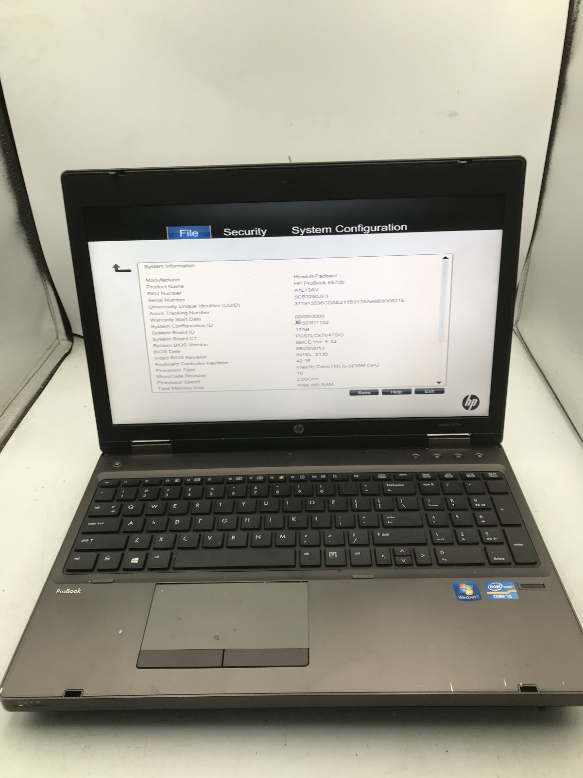 HP PROBOOK 6560B – BOOTS TO BIOS – INTEL I5 3230M – NO RAM -READ DESCRIPTION- BB
