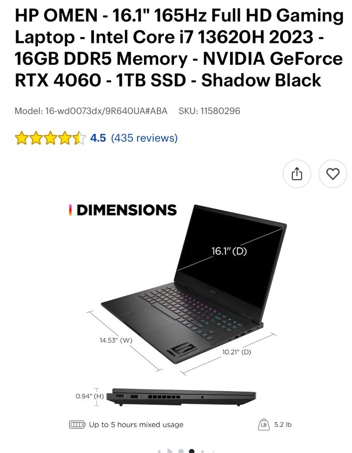 HP OMEN 16.1″ Gaming Laptop i7 13620H RTX 4060 16GB 1TB SSD Shadow Black