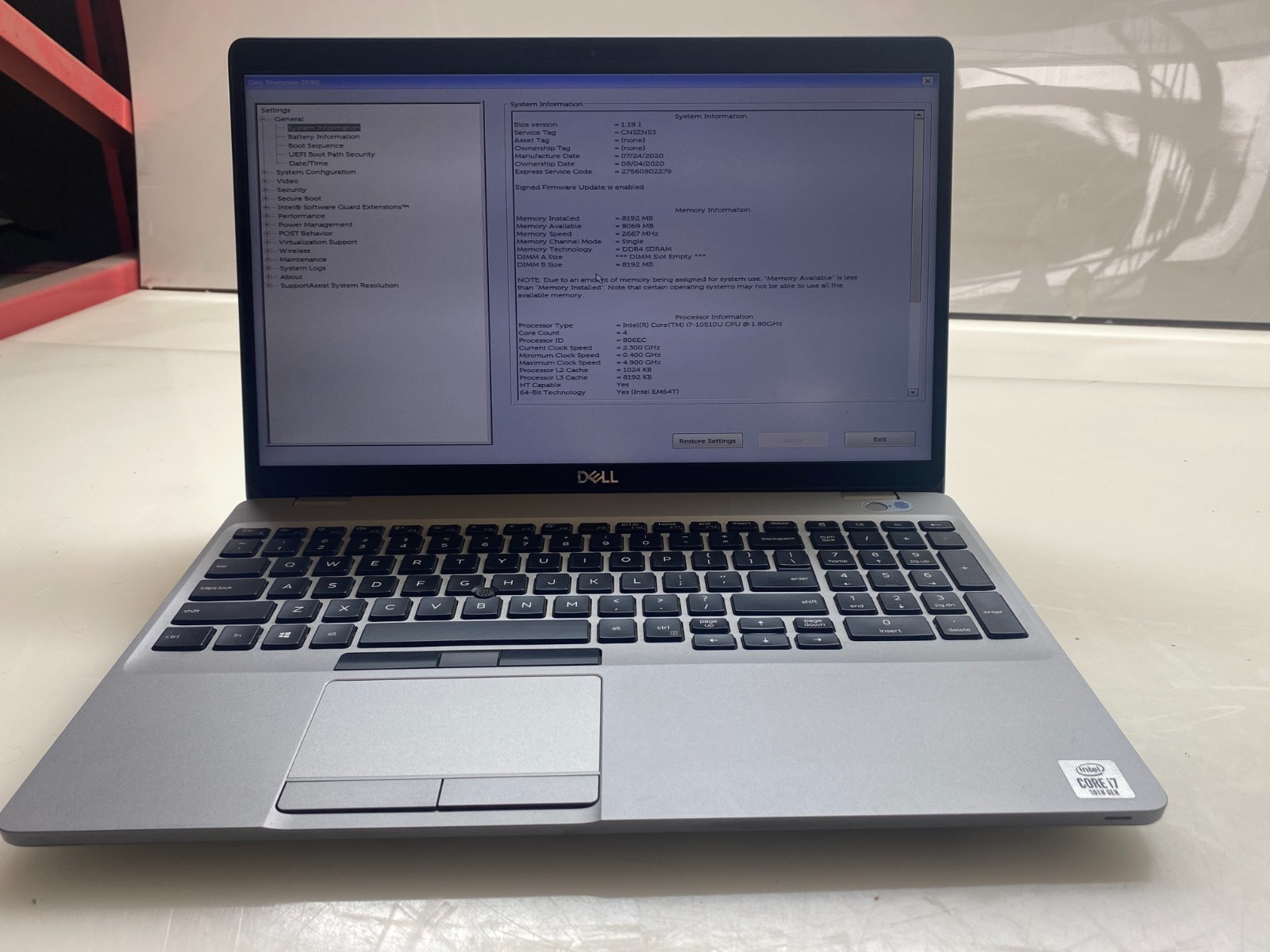 DELL PRECISION 3550 i7-10510U@1.80GHz 8GB NO SSD/OS BIOS TESTED *READ