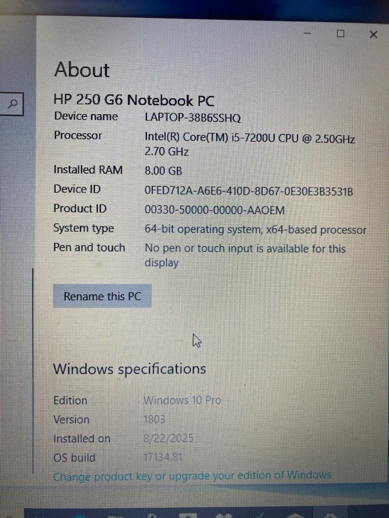 HP 250 G6 Notebook PC Core i5-7200u @ 2.50GHz 8GB RAM SN: CND8375CBP